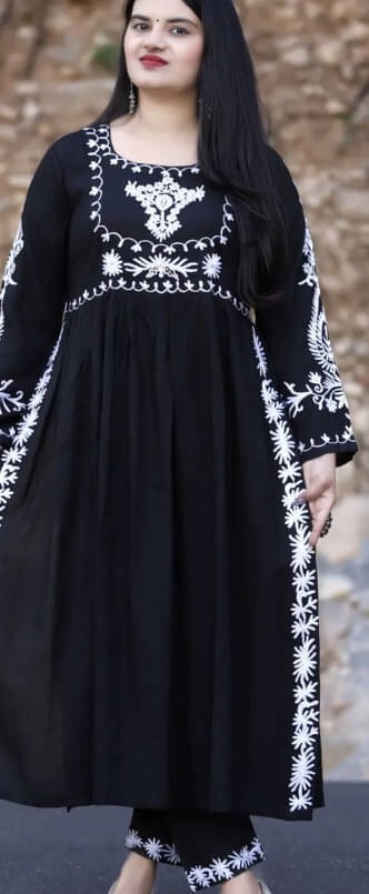 FULPARI Women Viscose Embroidered A-line Kurti With Pants ( Black )     			FULPARI Women Viscose Embroidered A-line Kurti With Pants ( Black )