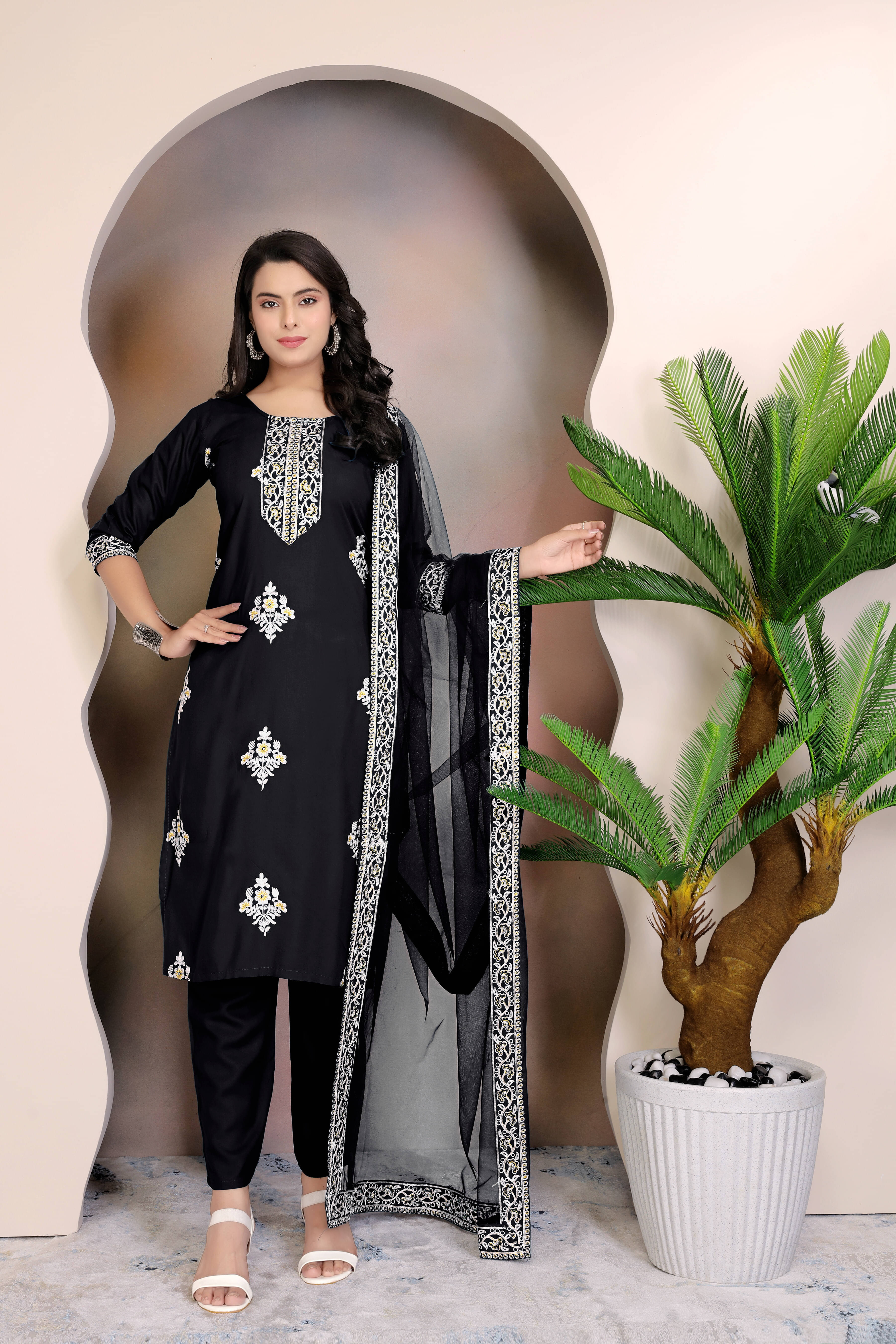     			FULPARI Women Viscose Embroidered A-line Kurti With Pants ( Black )