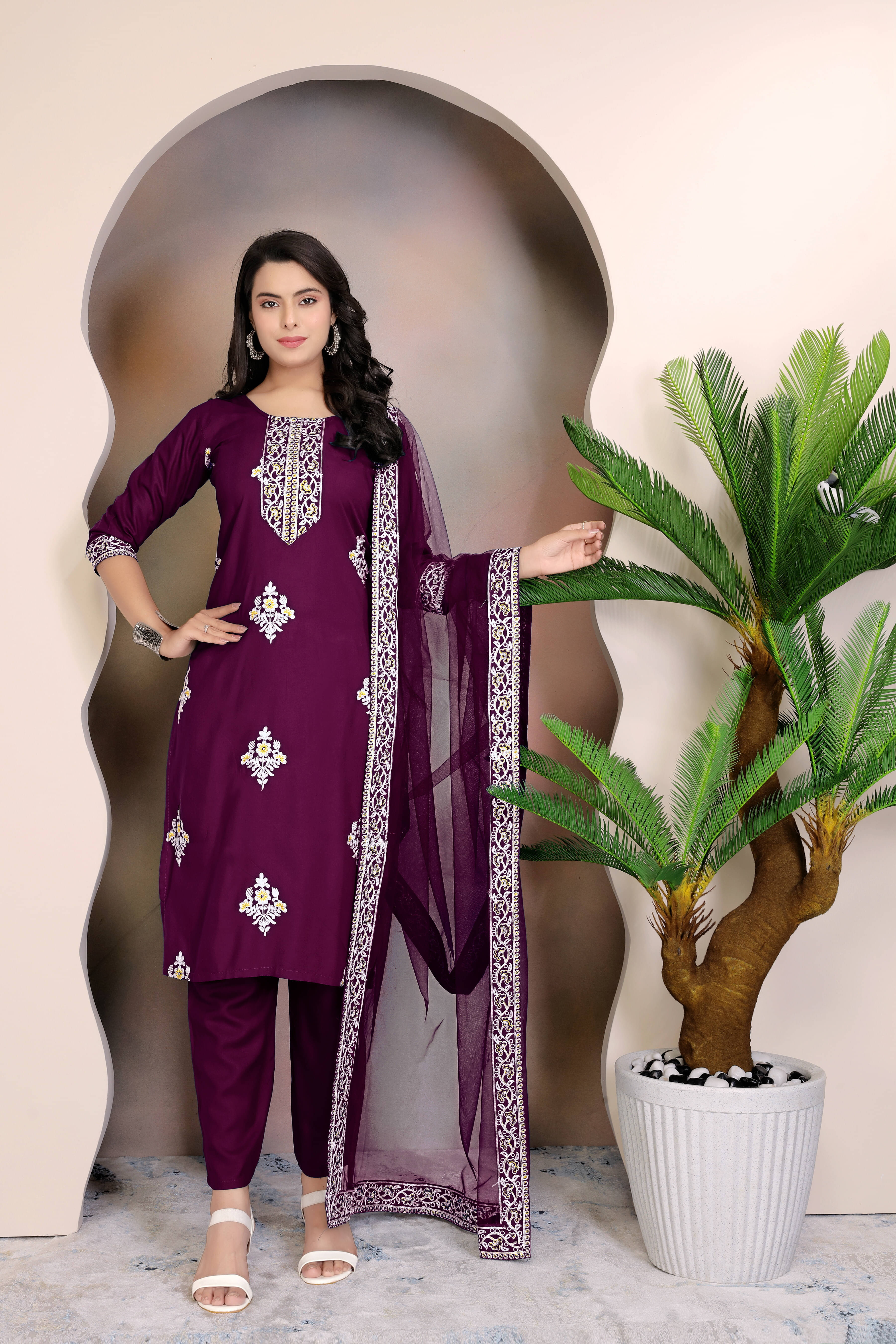     			FULPARI Women Viscose Embroidered A-line Kurti With Pants ( Purple )
