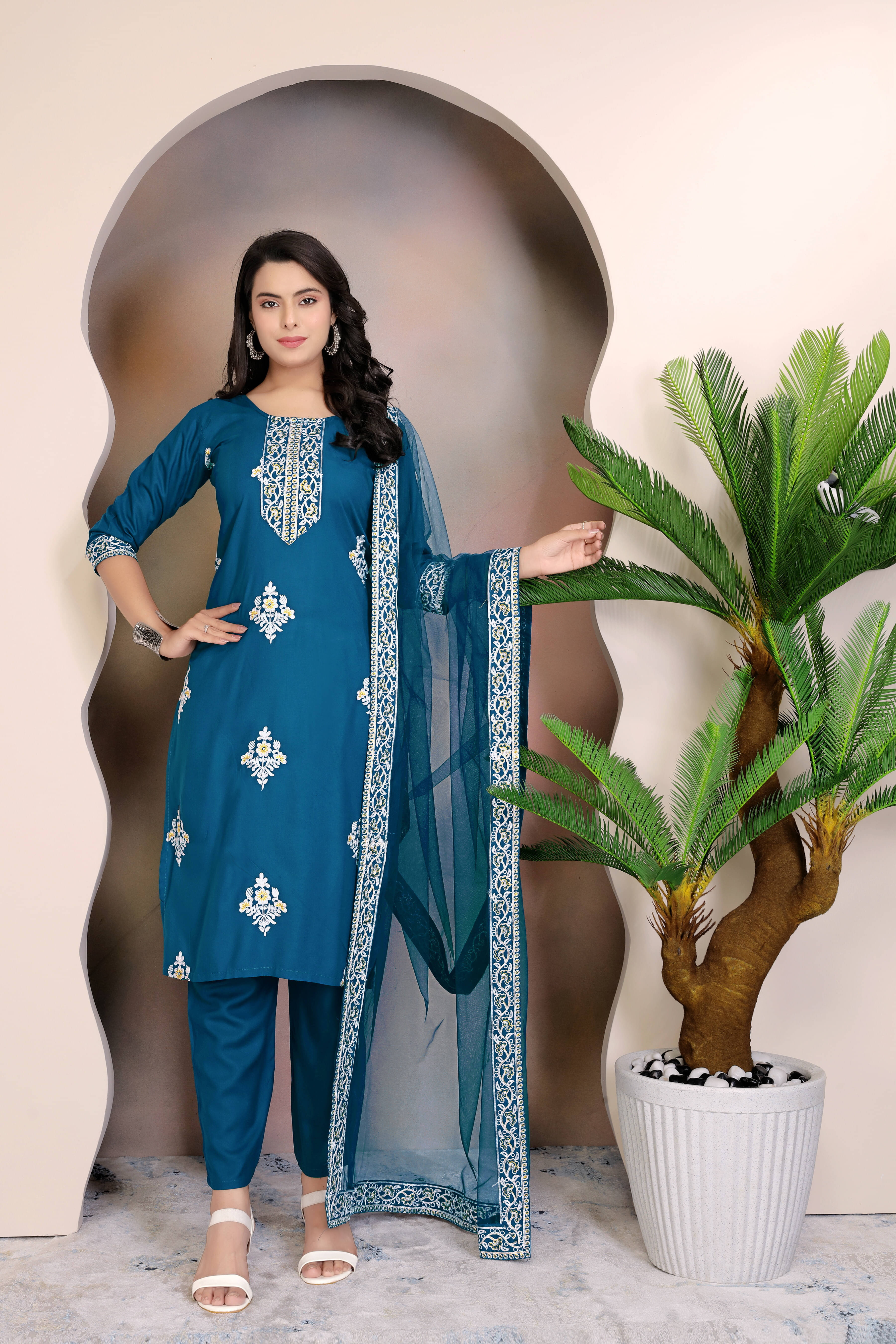     			FULPARI Women Viscose Embroidered A-line Kurti With Pants ( Light Blue )