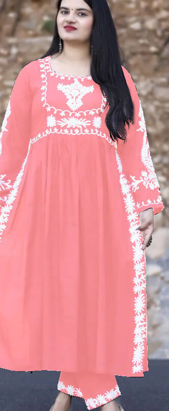     			FULPARI Women Viscose Embroidered A-line Kurti With Pants ( Pink )