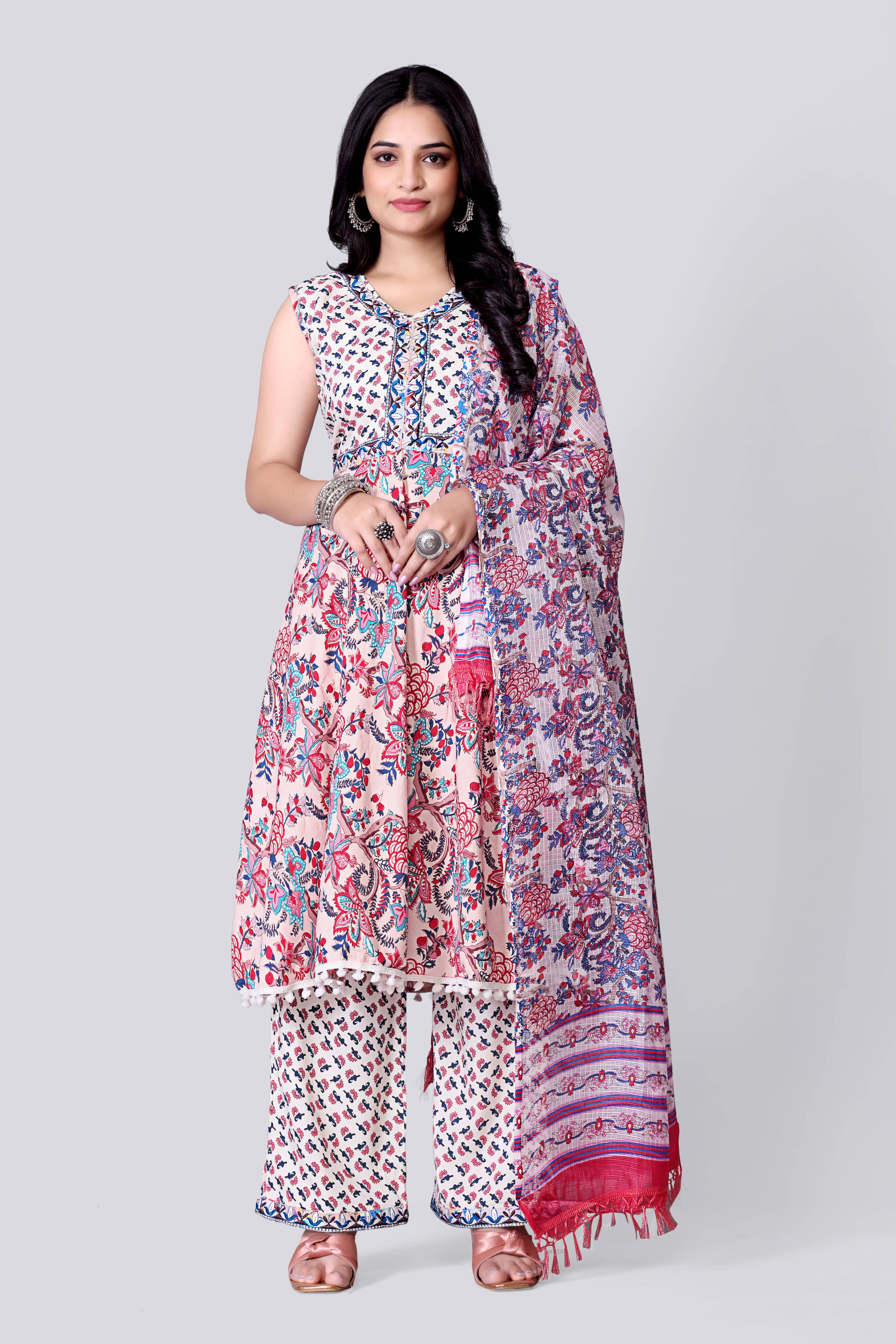 FULPARI Women Viscose Printed A-line Kurti With Palazzo ( Pink ) FULPARI Women Viscose Printed A-line Kurti With Palazzo ( Pink )