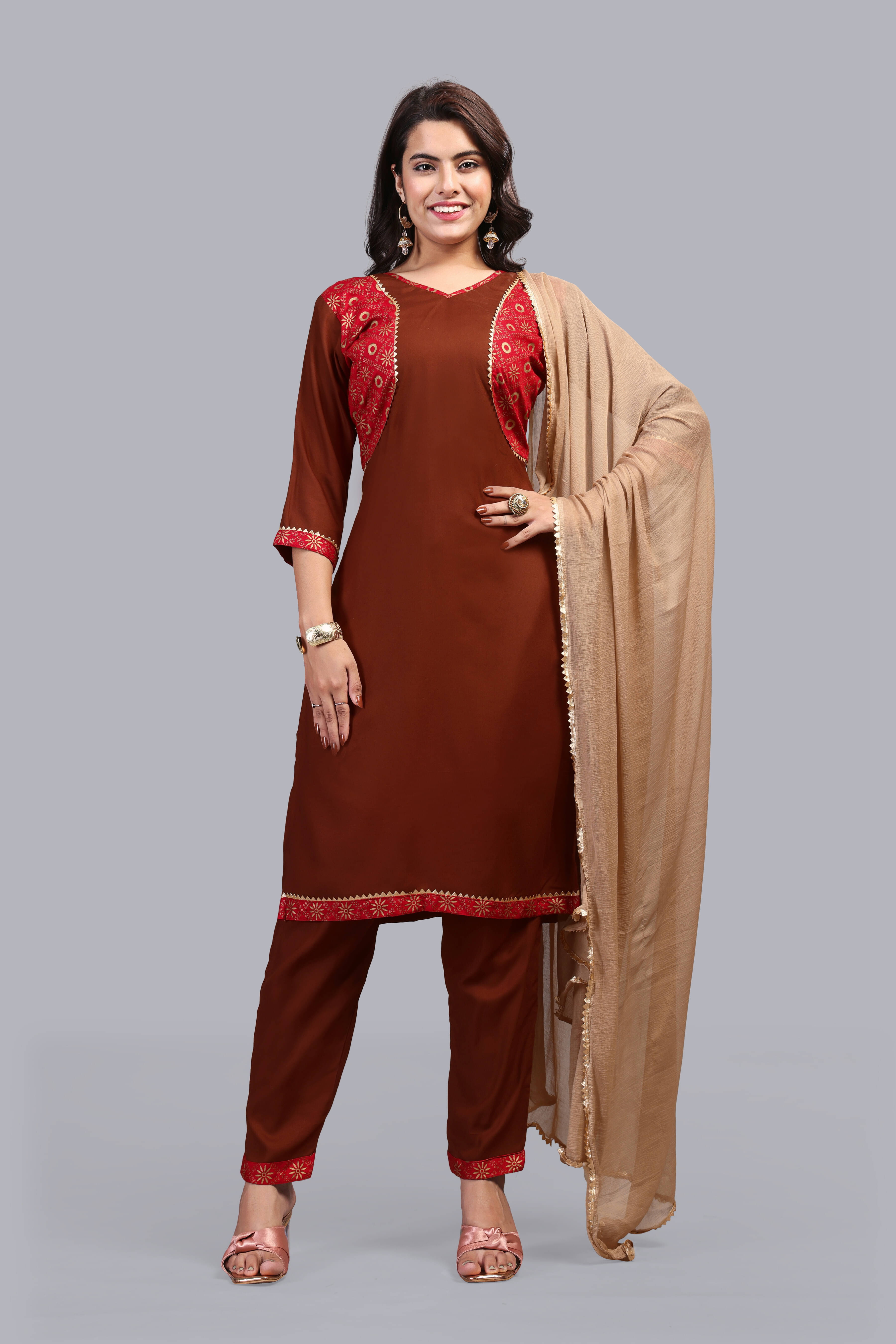     			FULPARI Women Viscose Printed A-line Kurti With Pants ( Brown )