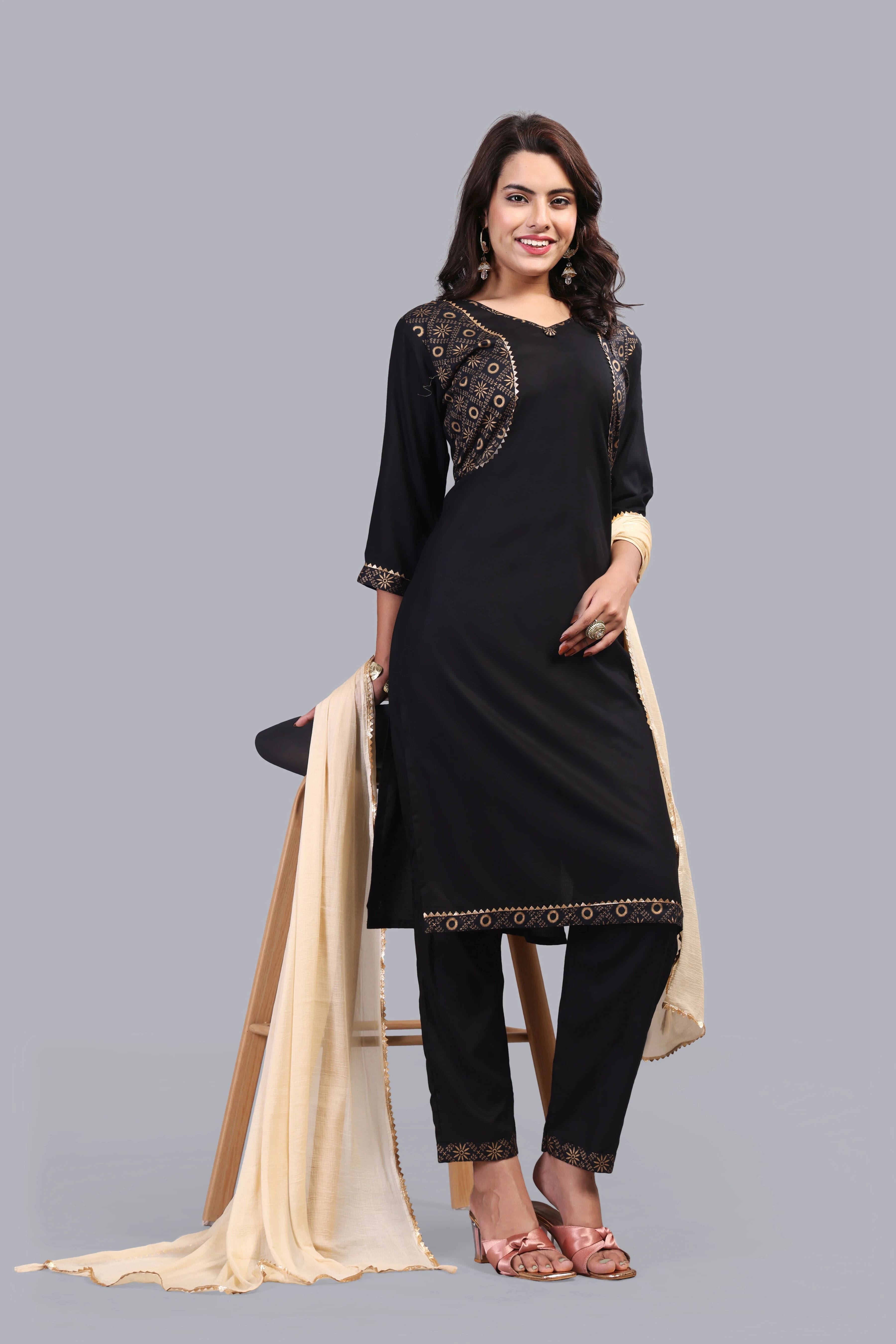     			FULPARI Women Viscose Printed A-line Kurti With Pants ( Black )