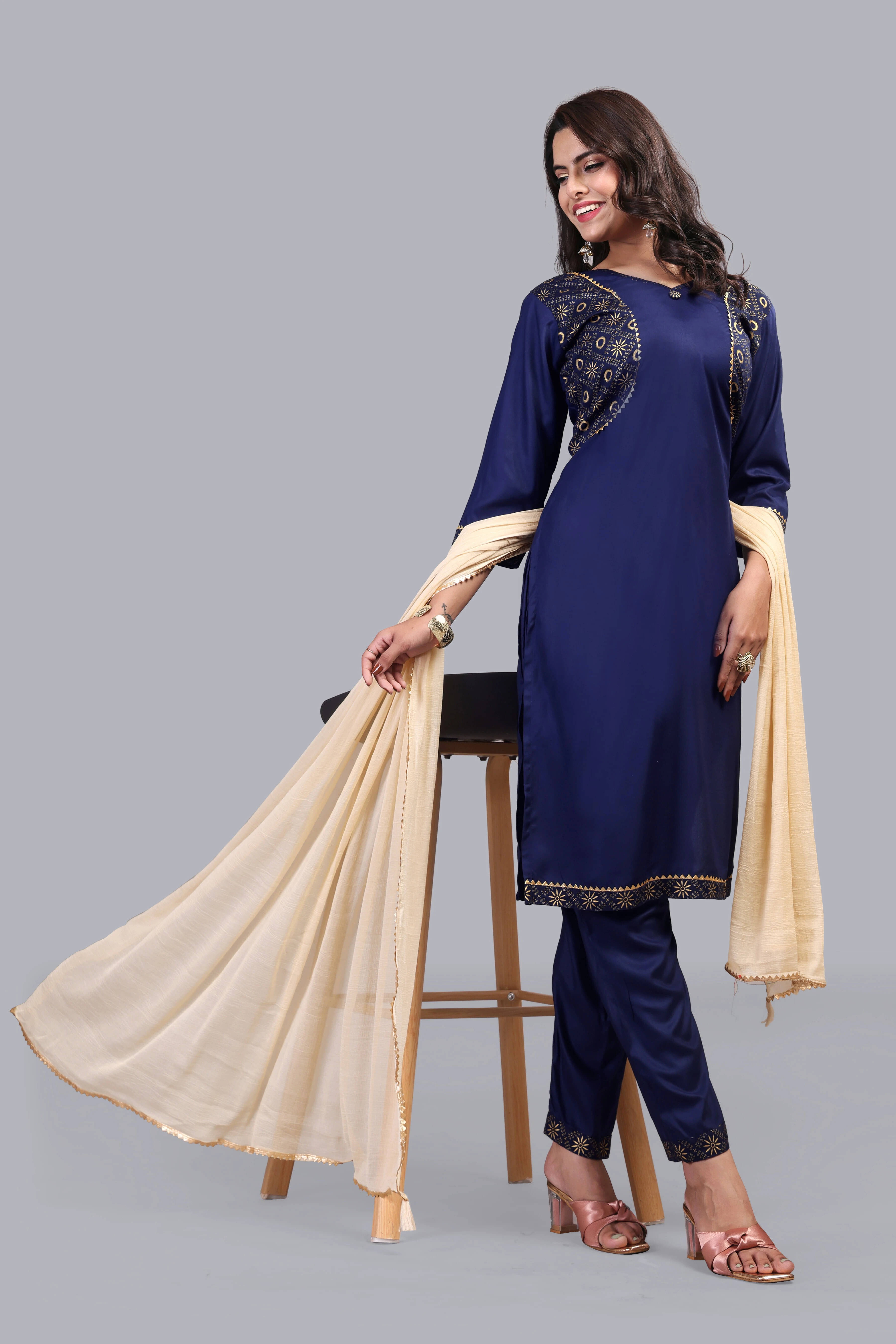 FULPARI Women Viscose Self Design A-line Kurti With Pants ( Dark Blue )     			FULPARI Women Viscose Self Design A-line Kurti With Pants ( Dark Blue )