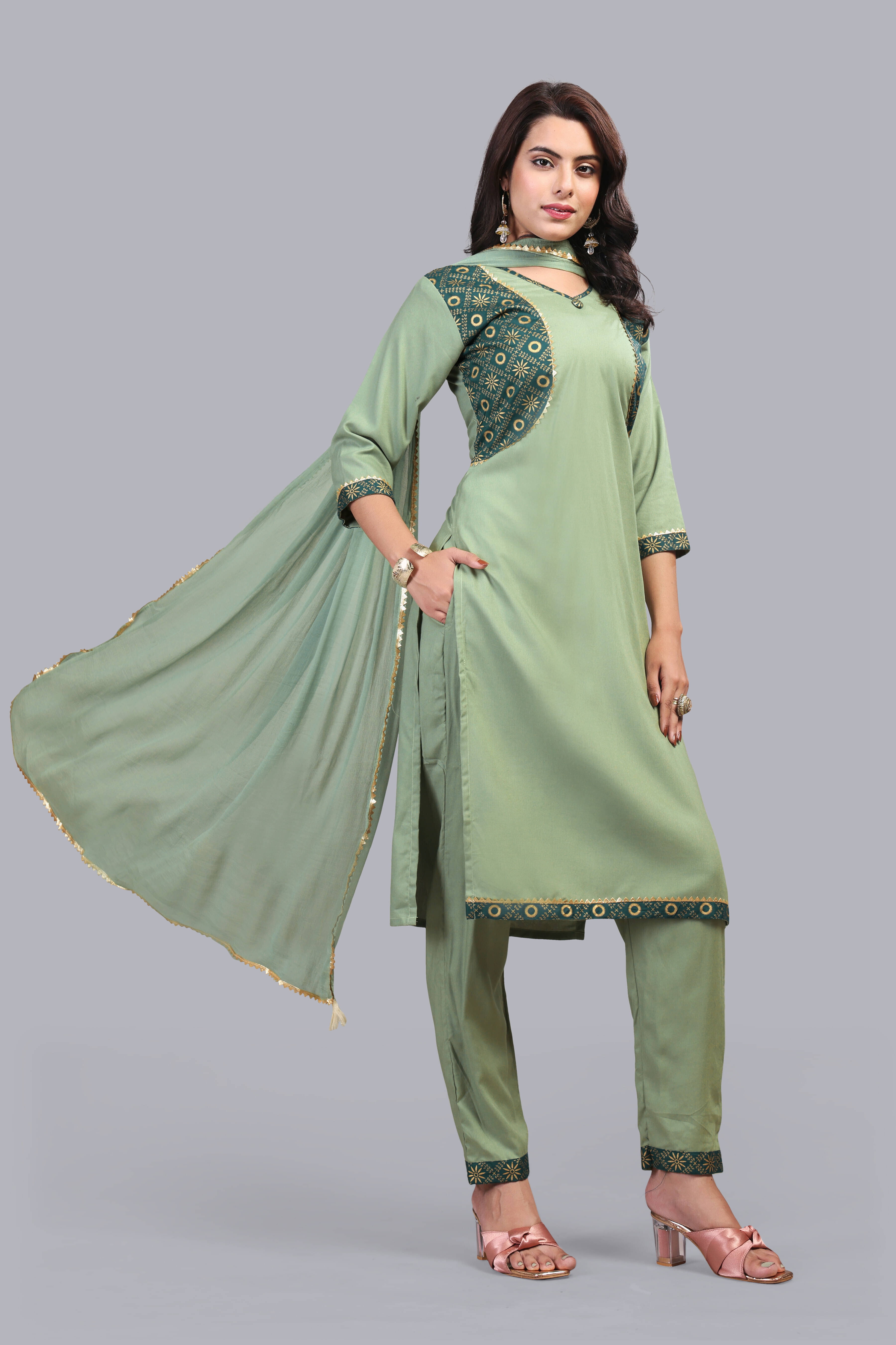     			FULPARI Women Viscose Self Design A-line Kurti With Pants ( Sea Green )