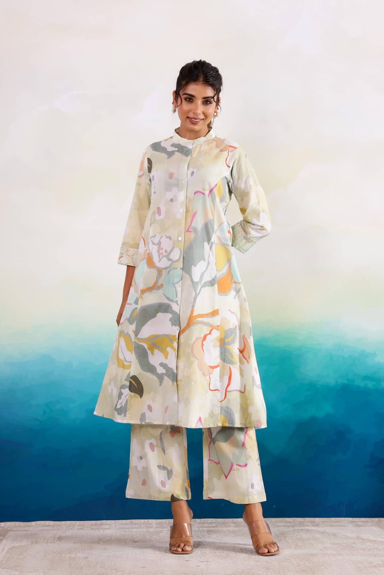     			Flavia Creation Women Cotton Printed A-line Kurti With Palazzo ( Grey )