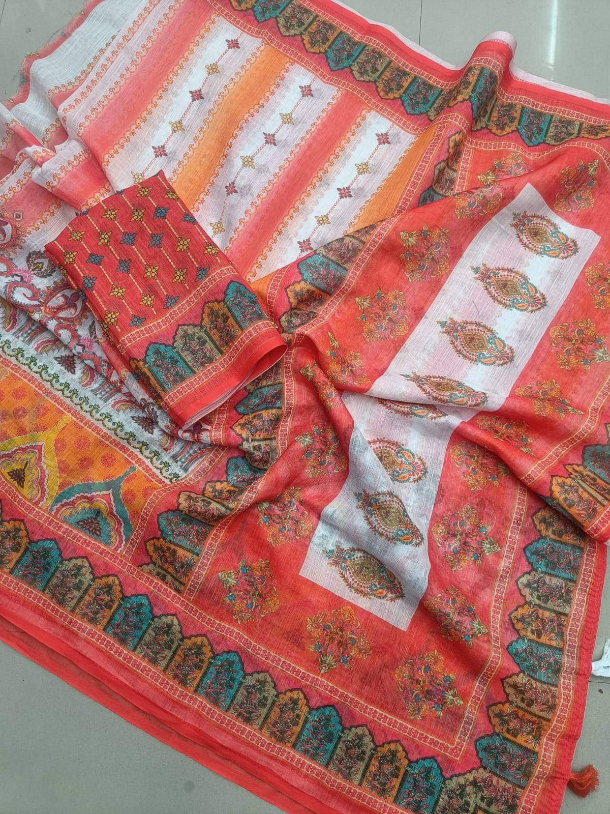     			GOPI SAREE Linen Printed Regular Saree With Unstitched Blouse Piece ( Multicolor 2 )