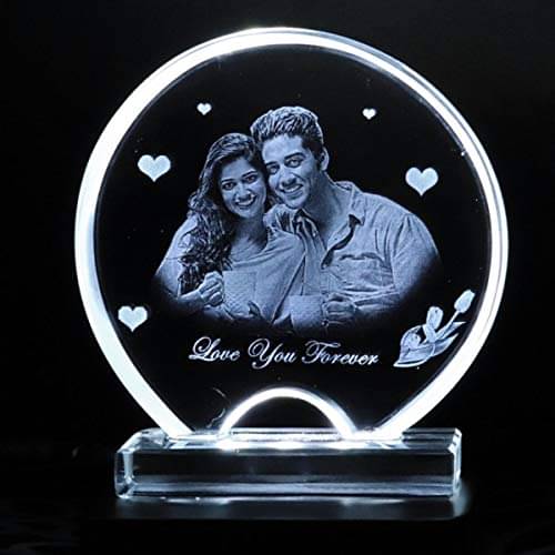     			Half Moon Shaped Crystal with 2D Photo Inside with Free Light Base