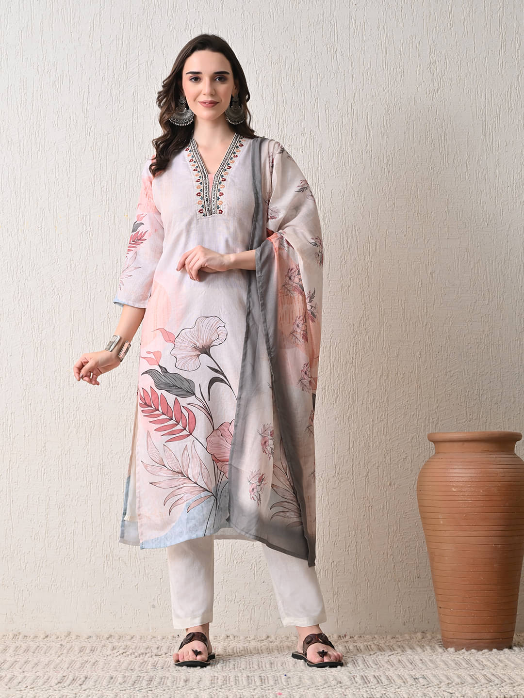     			Hariks Women Linen Printed A-line Kurti With Pants ( White )
