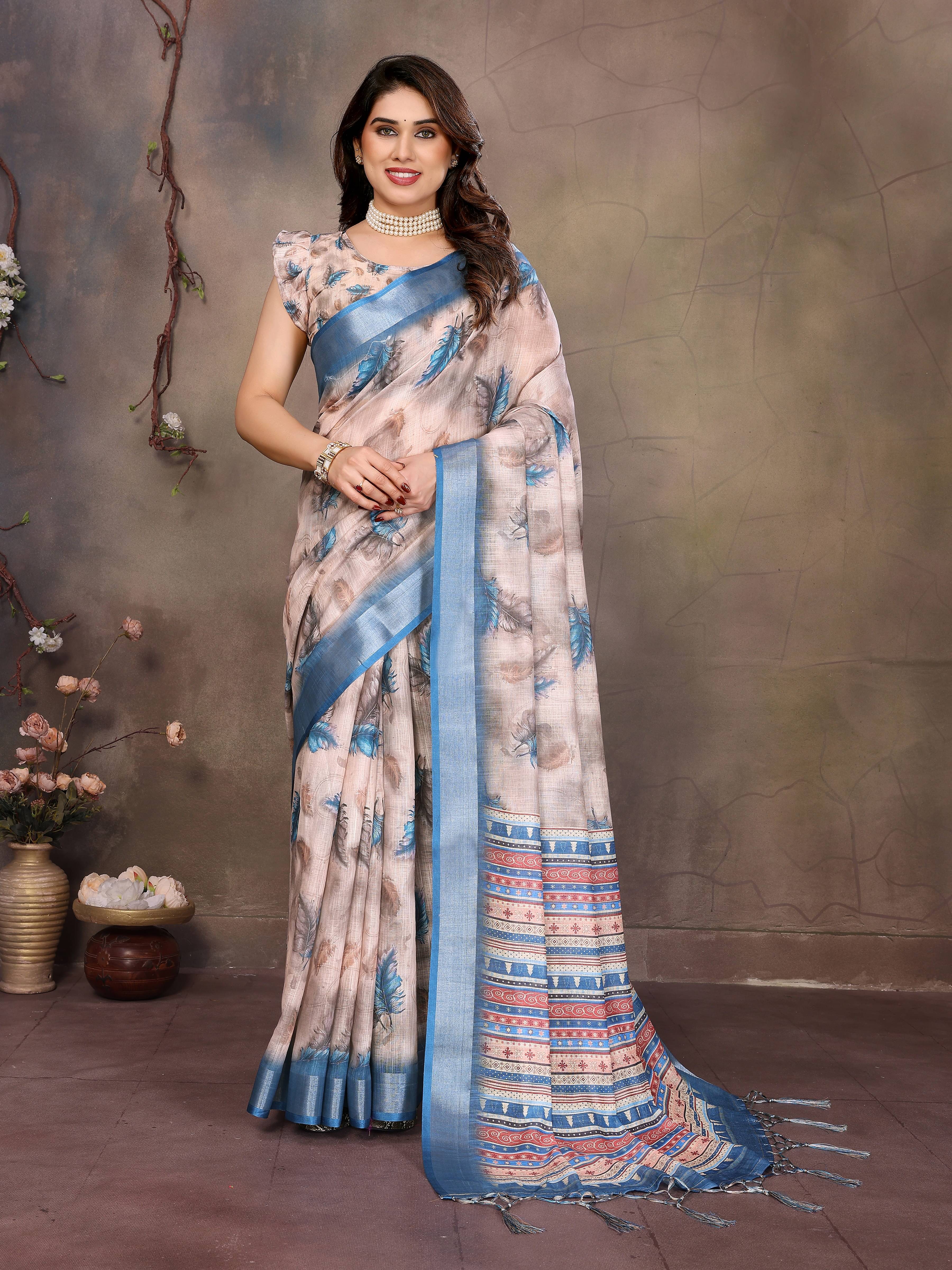 INDIAN SILKS Cotton Printed Banarasi saree With Unstitched Blouse Piece ( LightBLue )     			INDIAN SILKS Cotton Printed Banarasi saree With Unstitched Blouse Piece ( LightBLue )