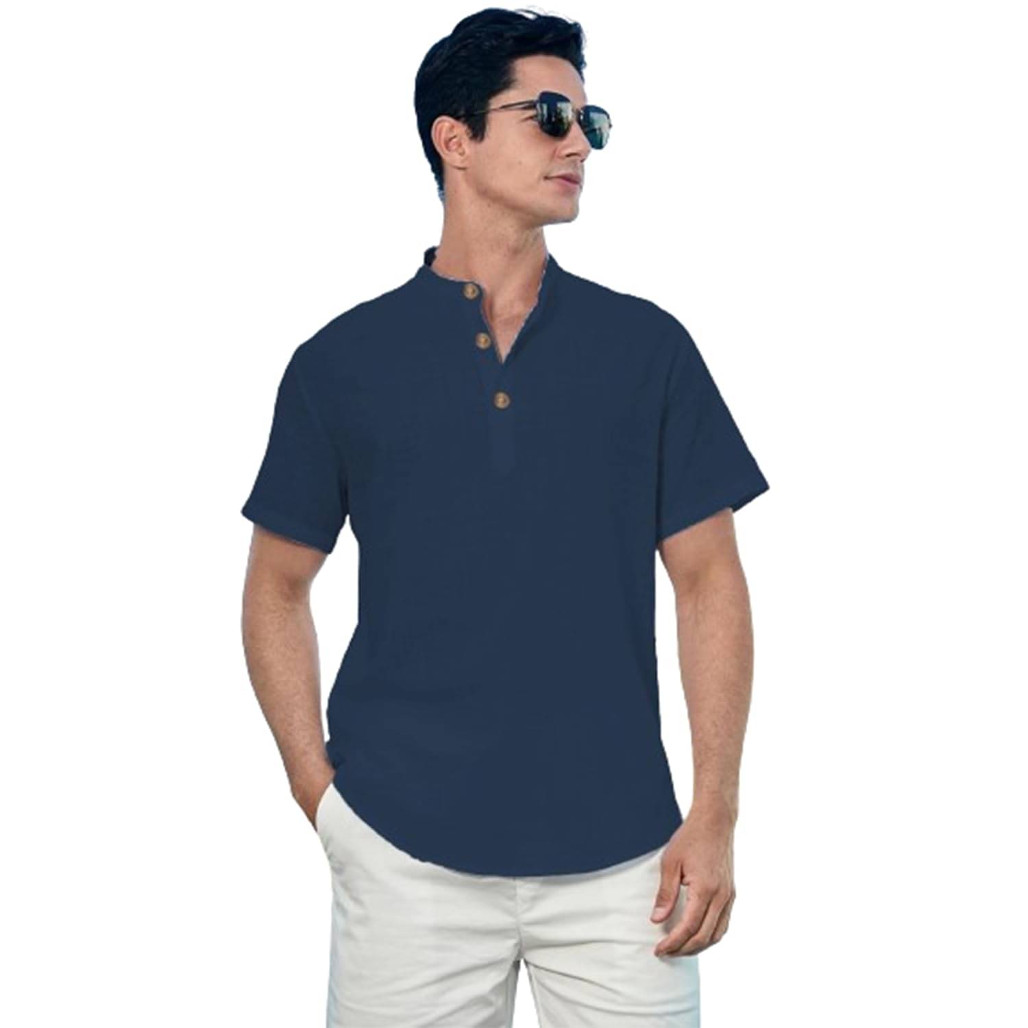    			KNOWTED Navy Blue Cotton Blend Men's Shirt Style Kurta ( Pack of 1 )