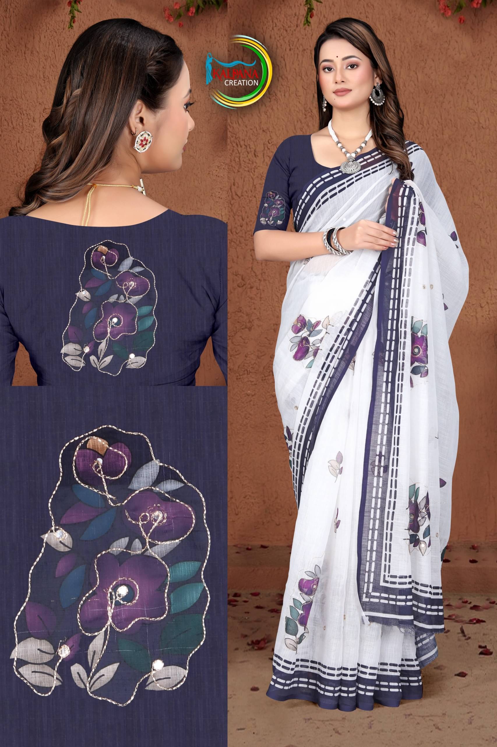     			Kalpana Creation Linen Printed Regular Saree With Unstitched Blouse Piece ( Multicolor 2 )