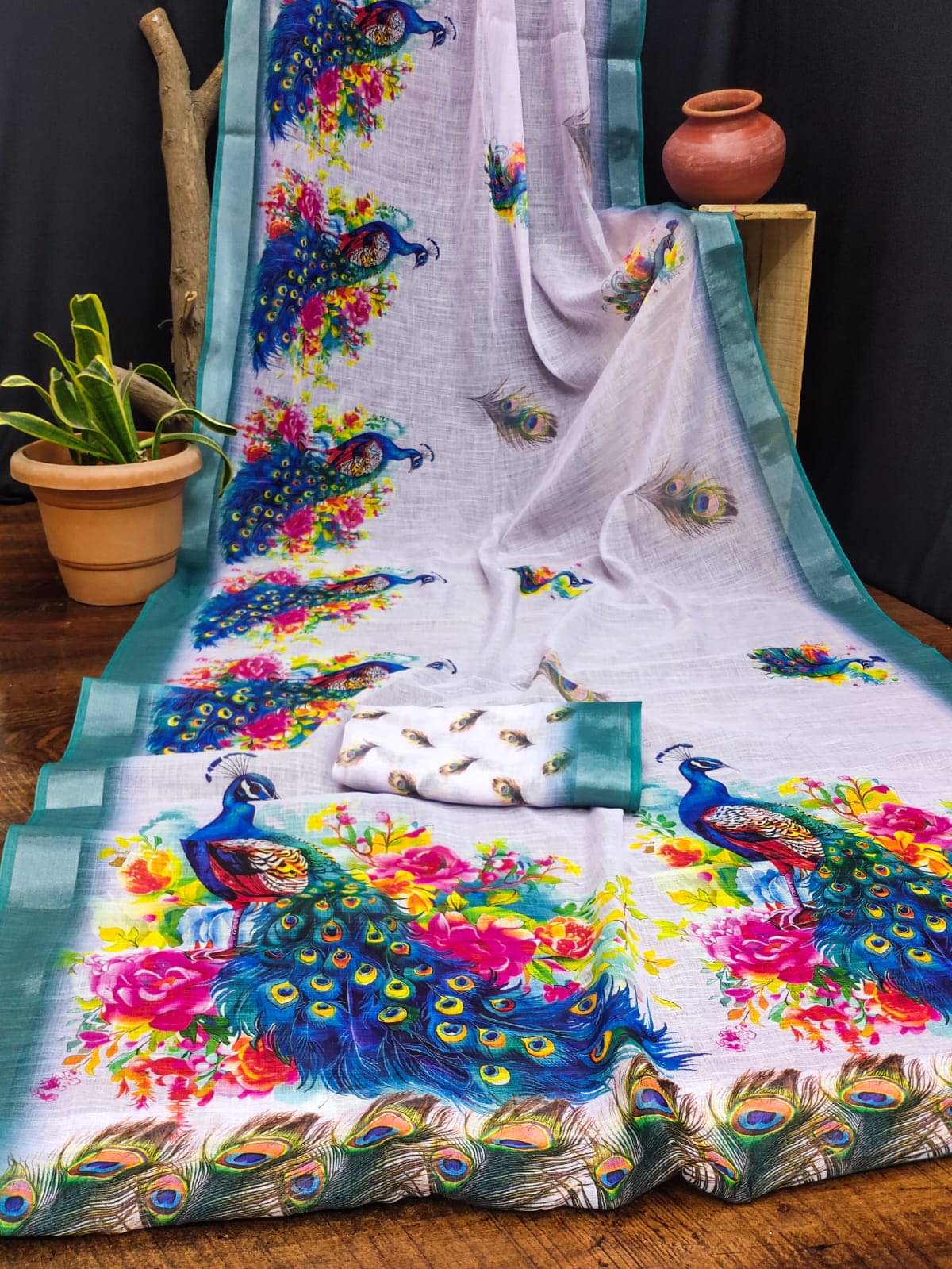 Kalpana Creation Linen Printed Regular Saree With Unstitched Blouse Piece ( Multicolor 2 ) Kalpana Creation Linen Printed Regular Saree With Unstitched Blouse Piece ( Multicolor 2 )
