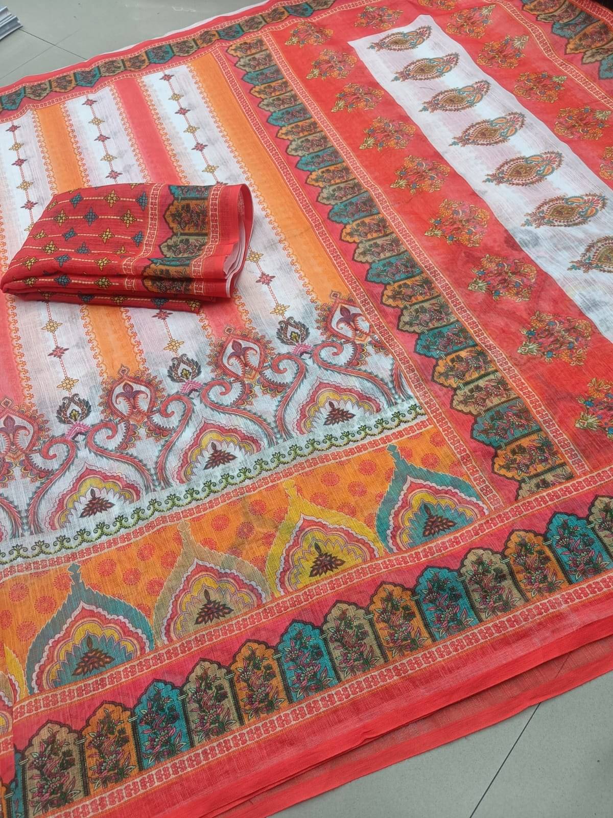 Kalpana Creation Linen Printed Regular Saree With Unstitched Blouse Piece ( Multicolor 2 ) Kalpana Creation Linen Printed Regular Saree With Unstitched Blouse Piece ( Multicolor 2 )