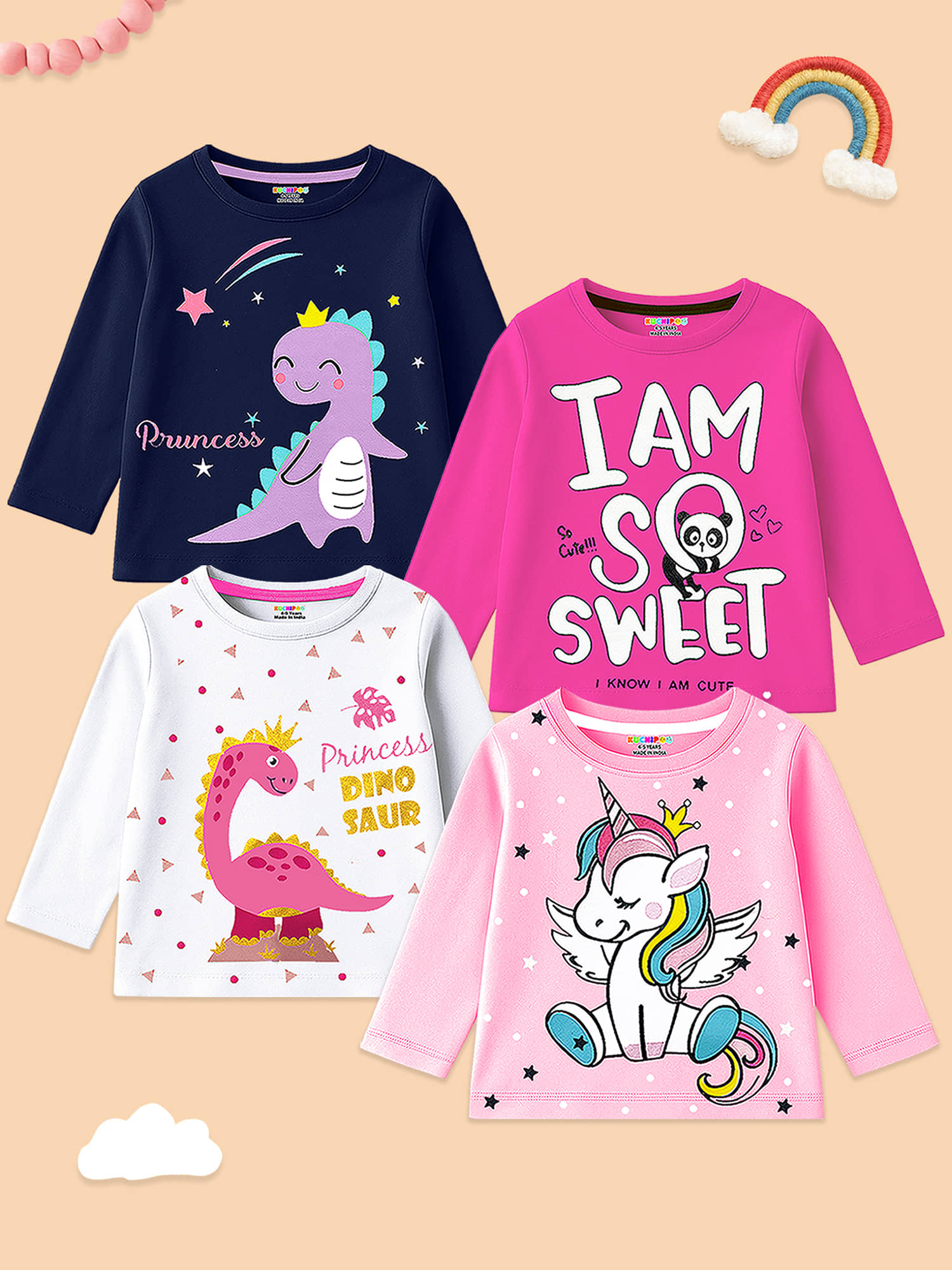 Kuchipoo Pack of 4 Baby Girls Cotton Blend T-Shirt ( Multi )