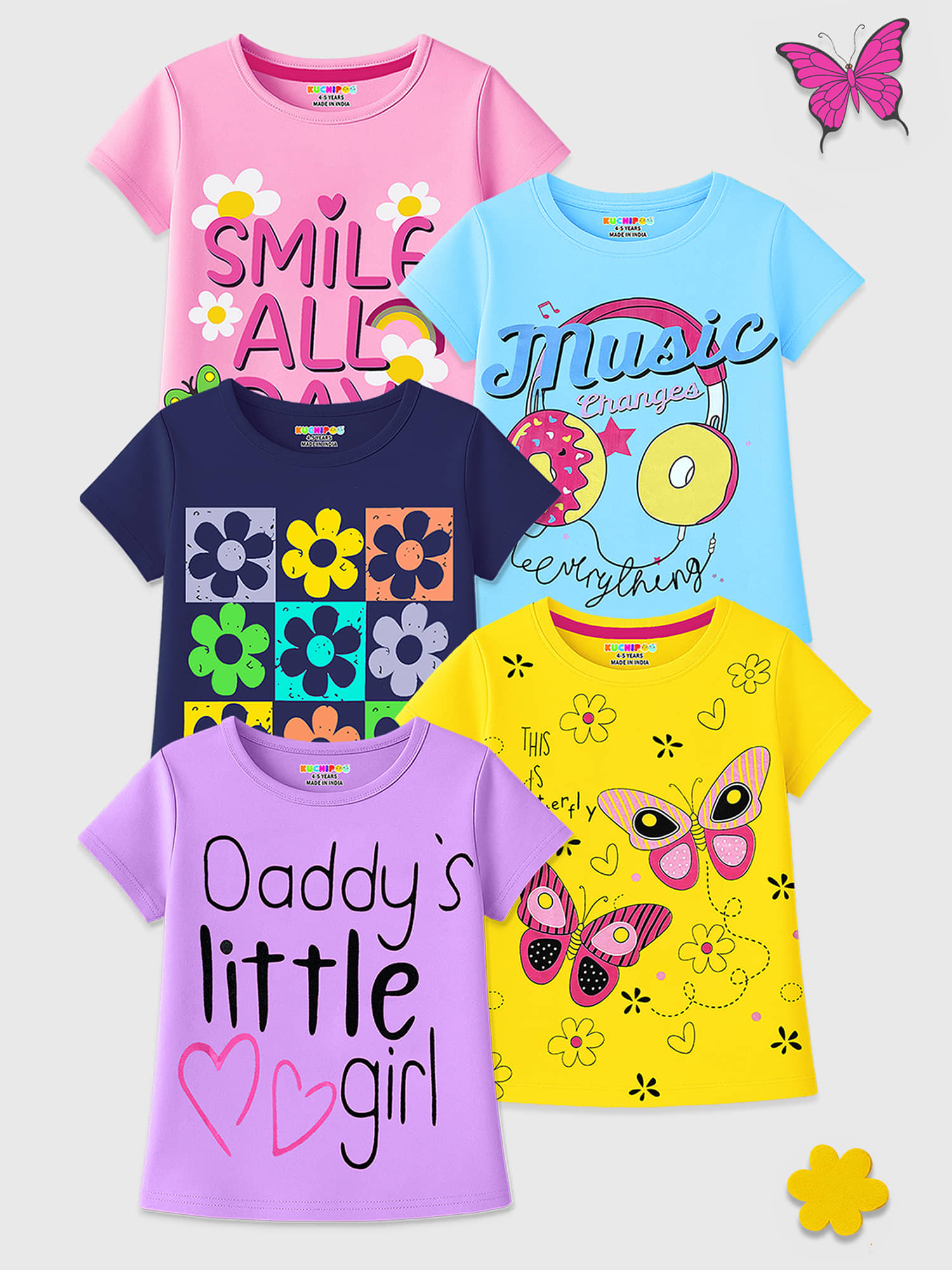 Kuchipoo Pack of 5 Girls Cotton Blend T-Shirt ( Multicolor 2 )