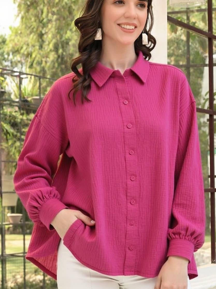 MAYKR Women Solid Poly Crepe Shirt ( Pink ) MAYKR Women Solid Poly Crepe Shirt ( Pink )