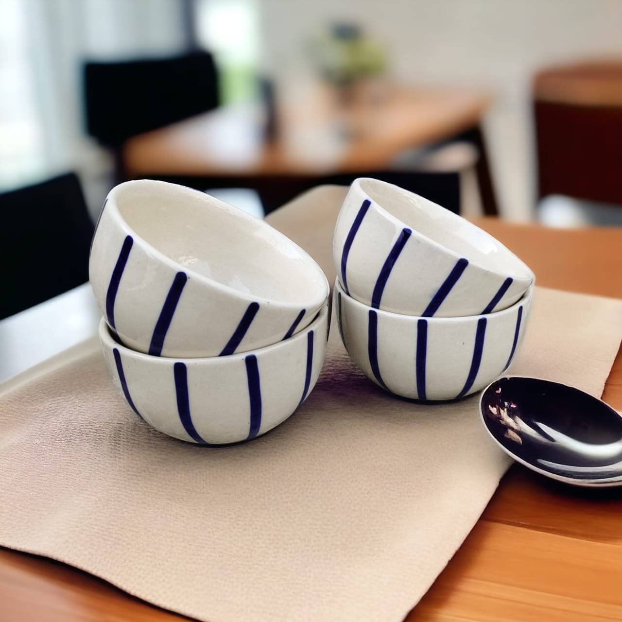     			Malaikah Blue Line Printed Bowl Ceramic Printed Serving Bowl 10 cm ( Set of 4 ) White