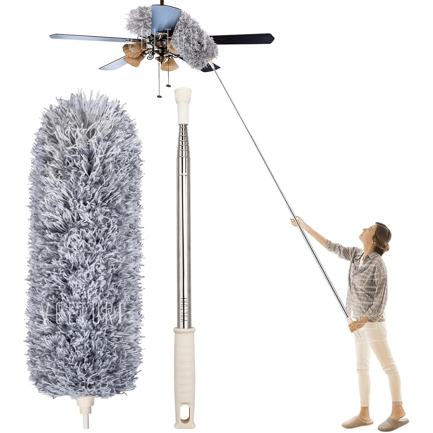     			Microfiber Long Feather Duster- Bendable & Detachable Fan Cleaning Duster with 100 inches Expandable Pole Handle, Washable, Stainless Steel Handle for Ceiling, Wall, Window Blinds, Furniture
