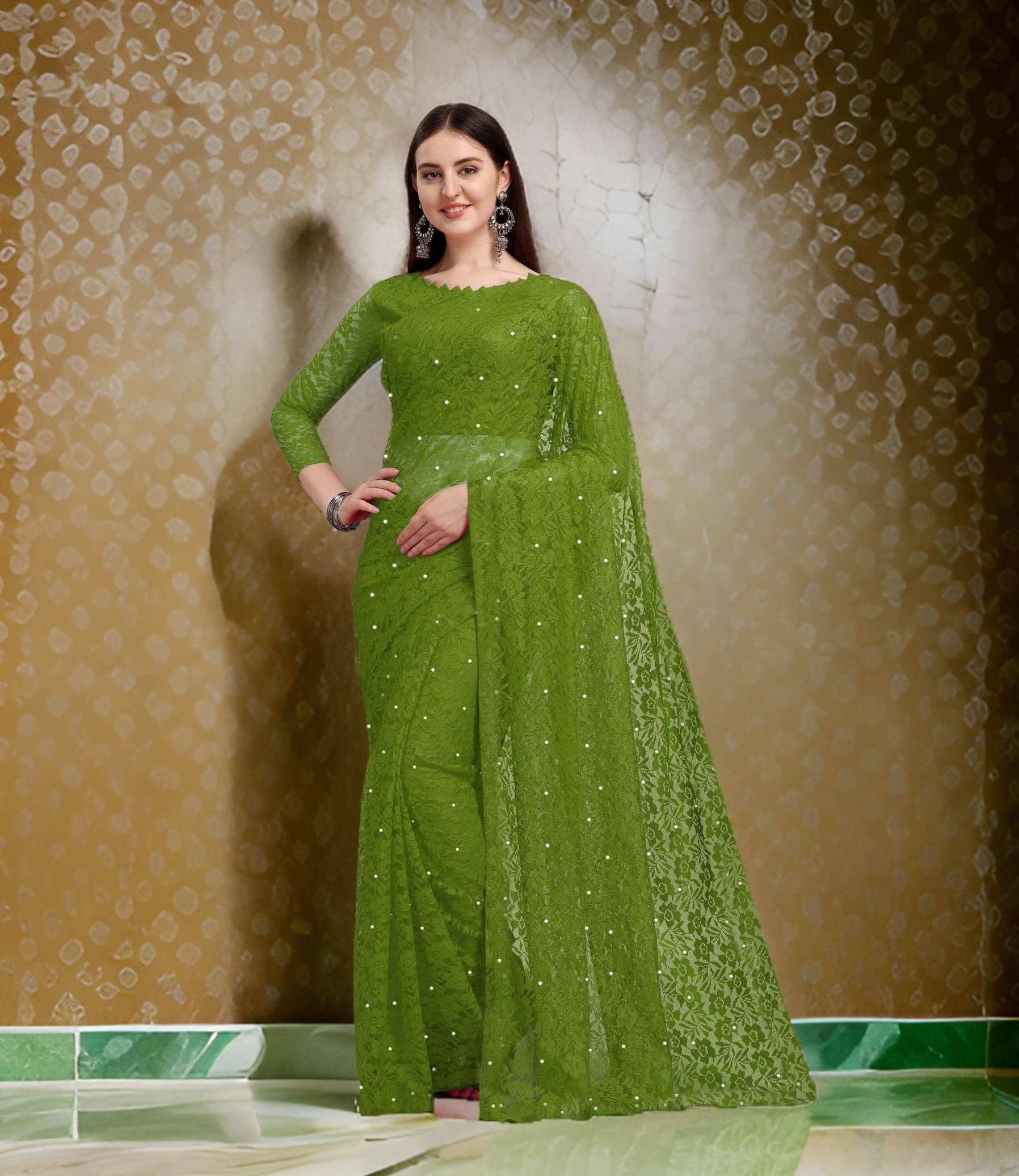     			PALKAANO Net Printed Regular Saree With Unstitched Blouse Piece ( Mint Green )