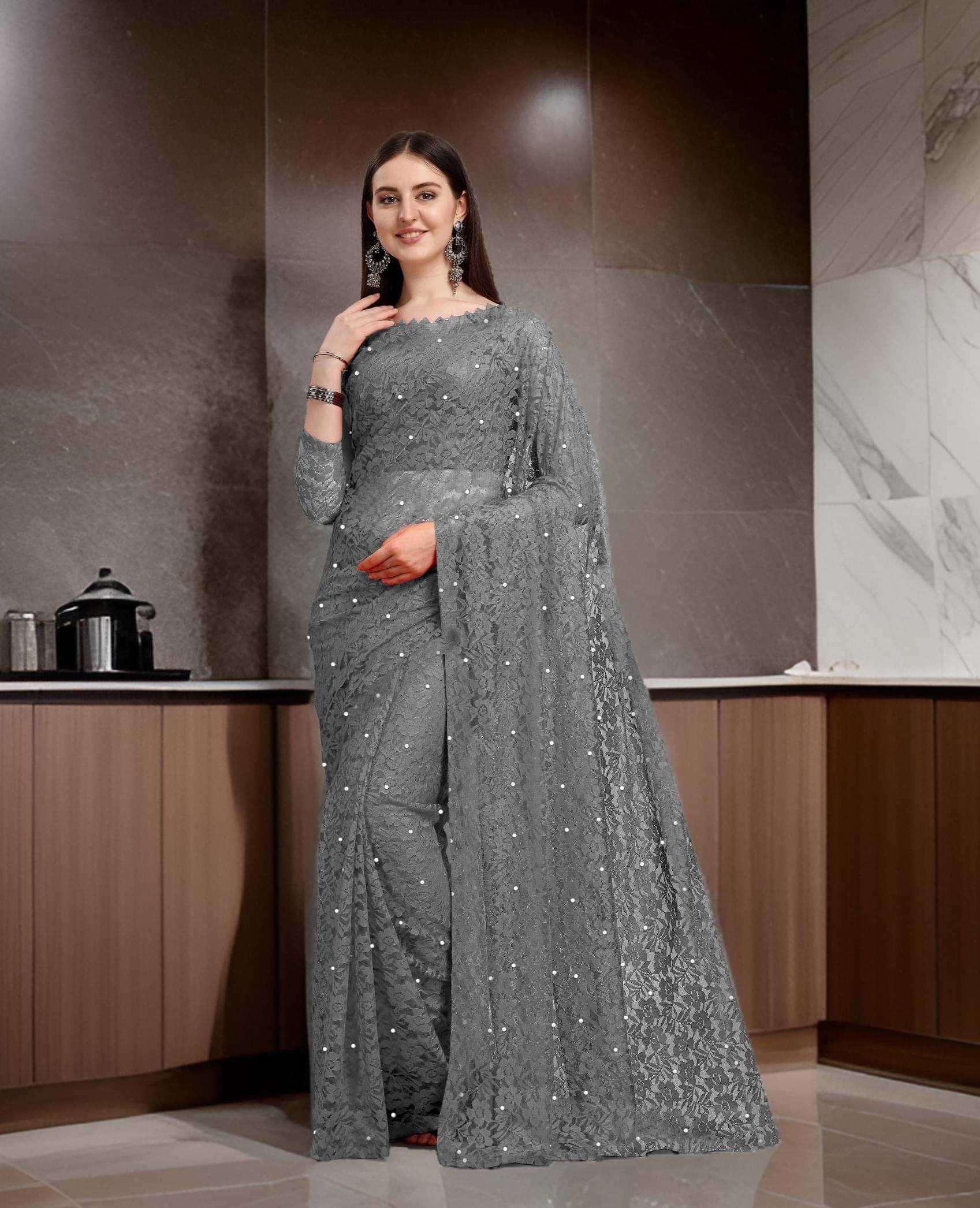 PALKAANO Net Printed Regular Saree With Unstitched Blouse Piece ( Grey ) PALKAANO Net Printed Regular Saree With Unstitched Blouse Piece ( Grey )