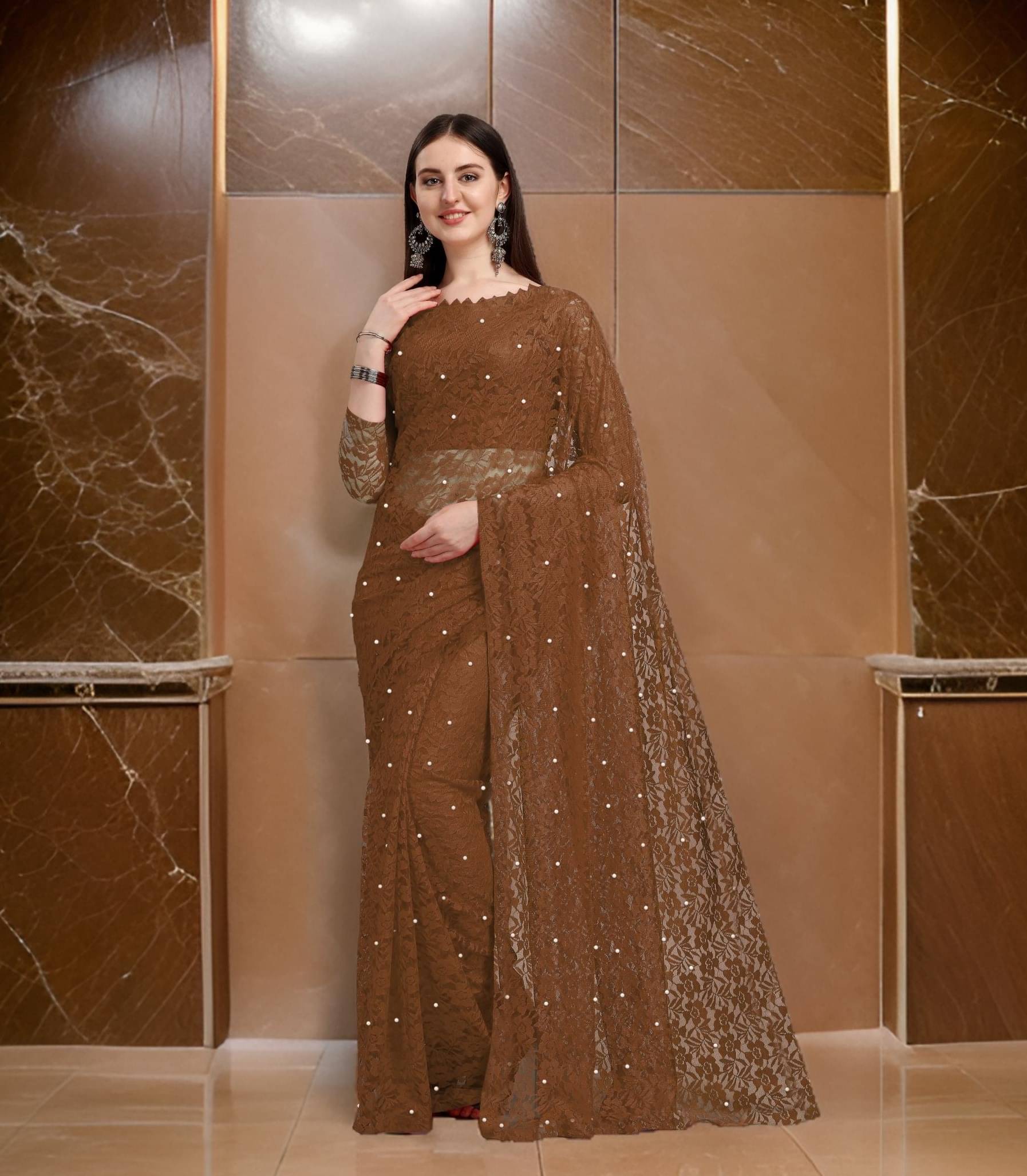 PALKAANO Net Printed Regular Saree With Unstitched Blouse Piece ( Coffee ) PALKAANO Net Printed Regular Saree With Unstitched Blouse Piece ( Coffee )