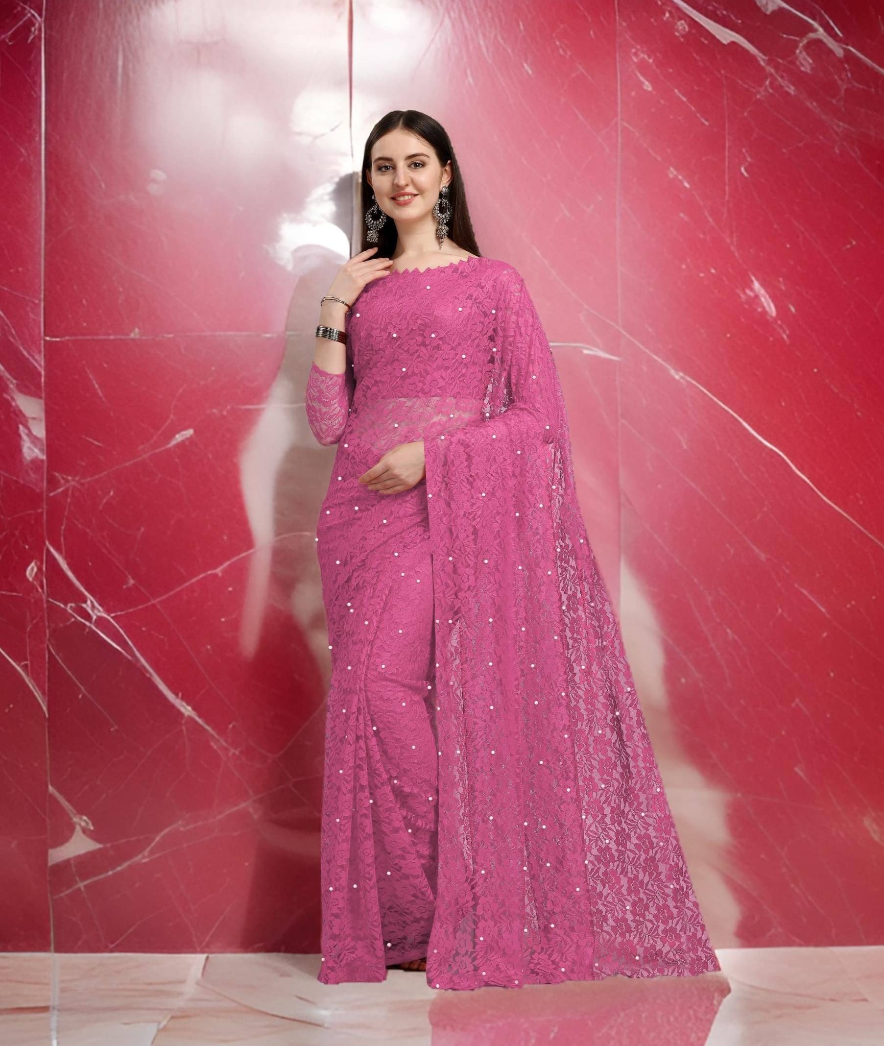PALKAANO Net Printed Regular Saree With Unstitched Blouse Piece ( Fluorescent Pink ) PALKAANO Net Printed Regular Saree With Unstitched Blouse Piece ( Fluorescent Pink )