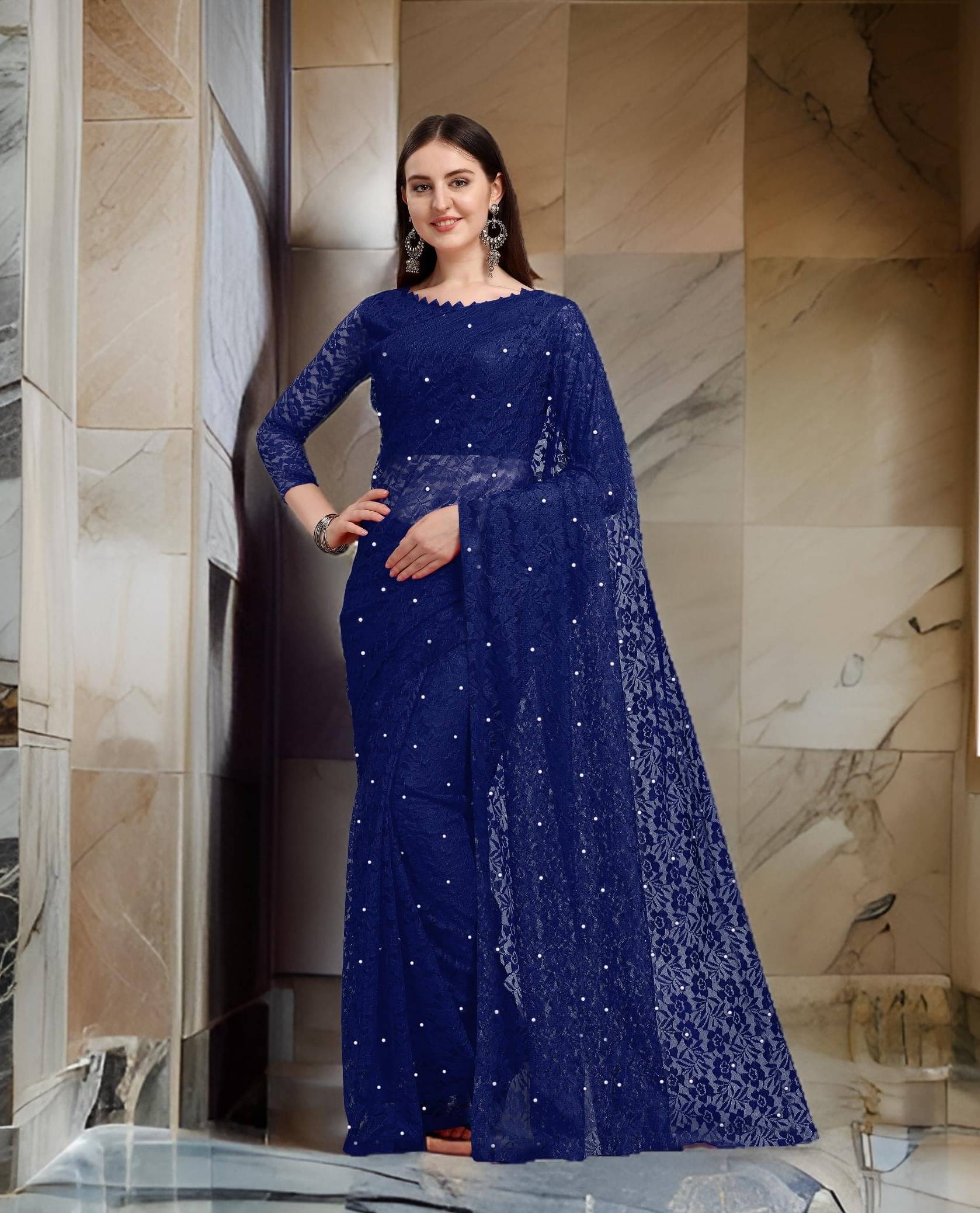 PALKAANO Net Printed Regular Saree With Unstitched Blouse Piece ( Navy Blue ) PALKAANO Net Printed Regular Saree With Unstitched Blouse Piece ( Navy Blue )
