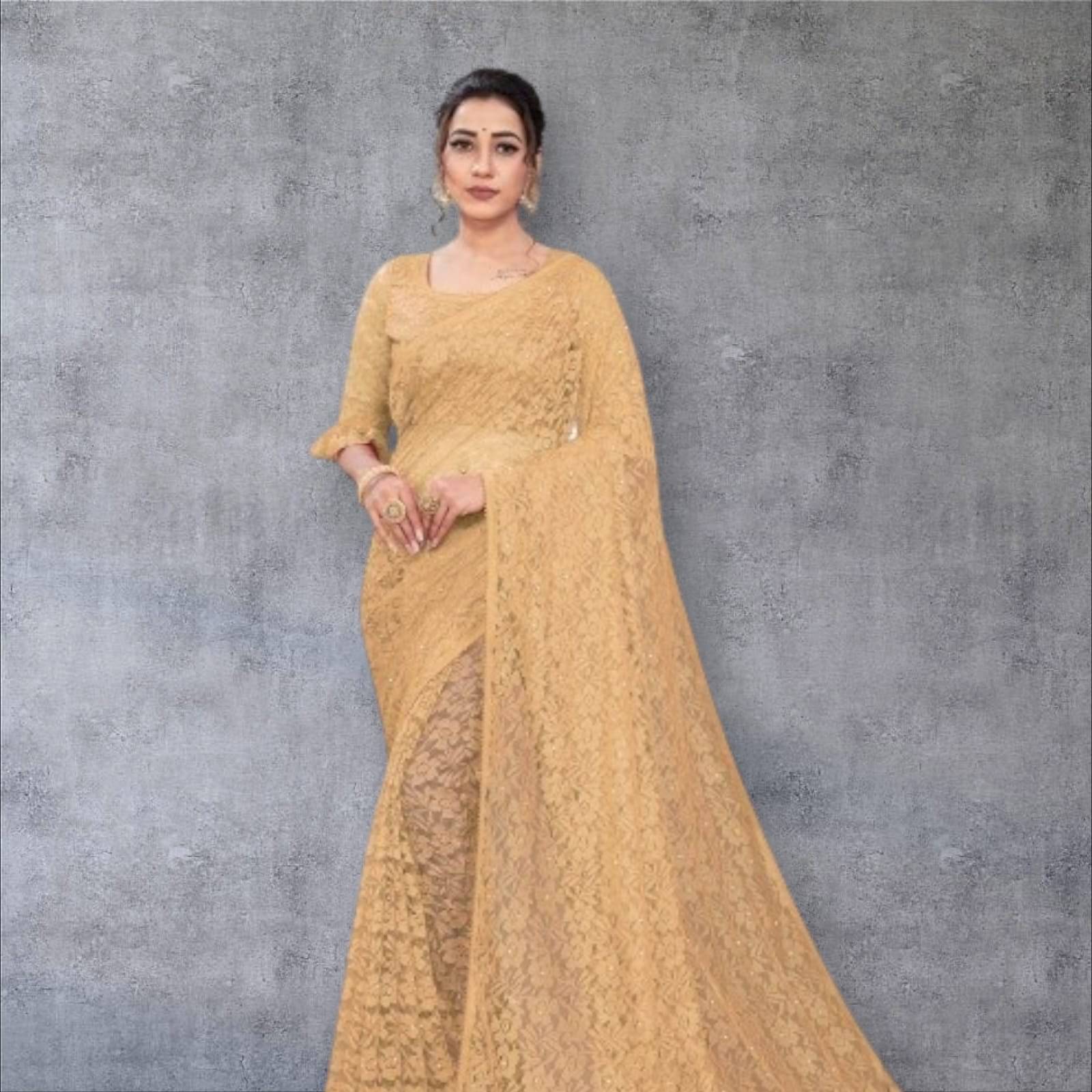     			PALKAANO Net Solid Regular Saree With Unstitched Blouse Piece ( Beige1 )