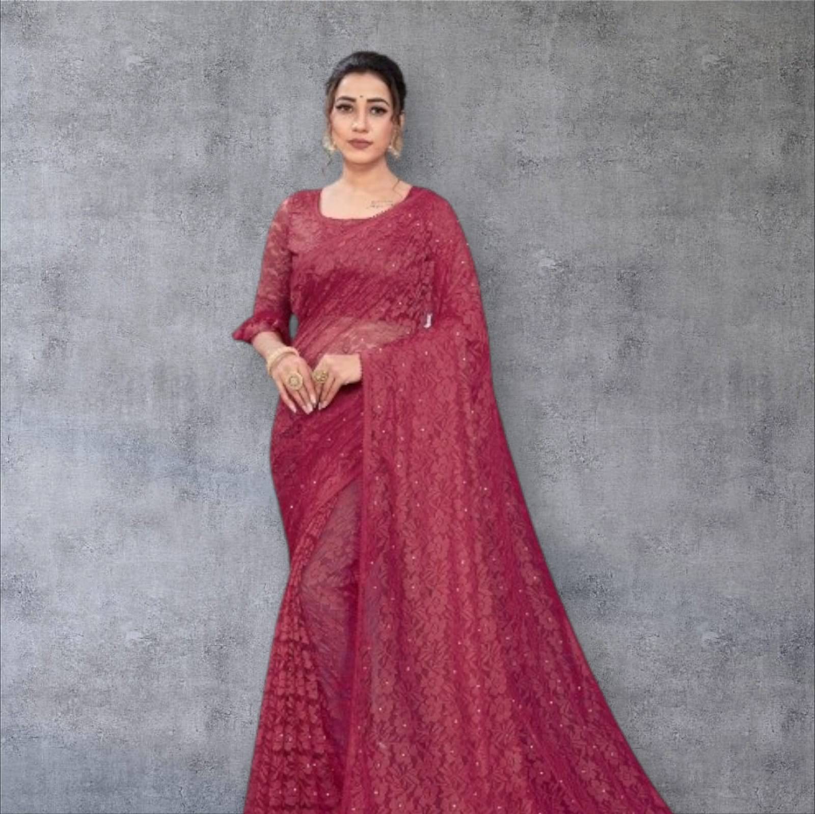     			PALKAANO Net Solid Regular Saree With Unstitched Blouse Piece ( Maroon )