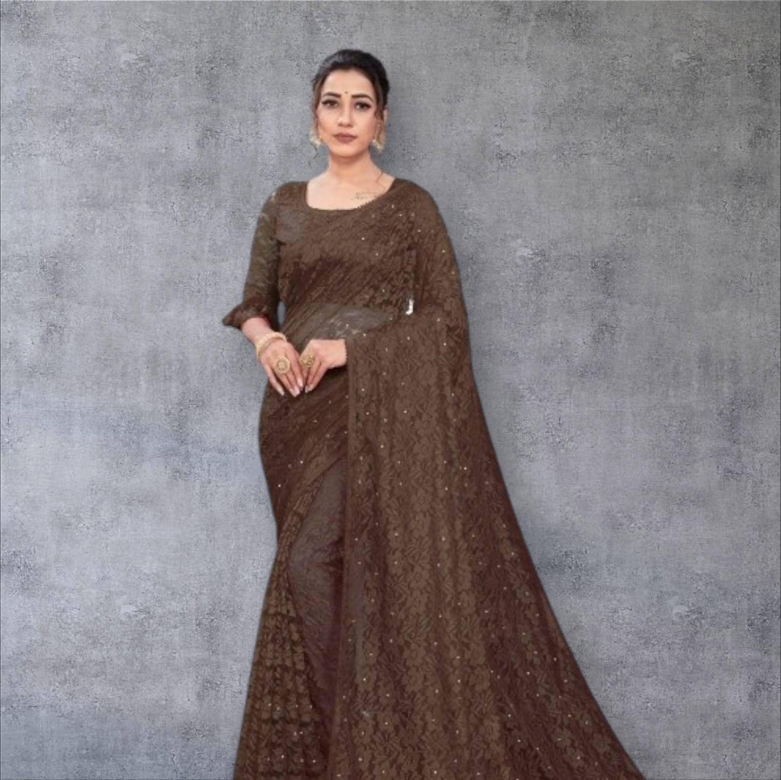PALKAANO Net Solid Regular Saree With Unstitched Blouse Piece ( Coffee ) PALKAANO Net Solid Regular Saree With Unstitched Blouse Piece ( Coffee )