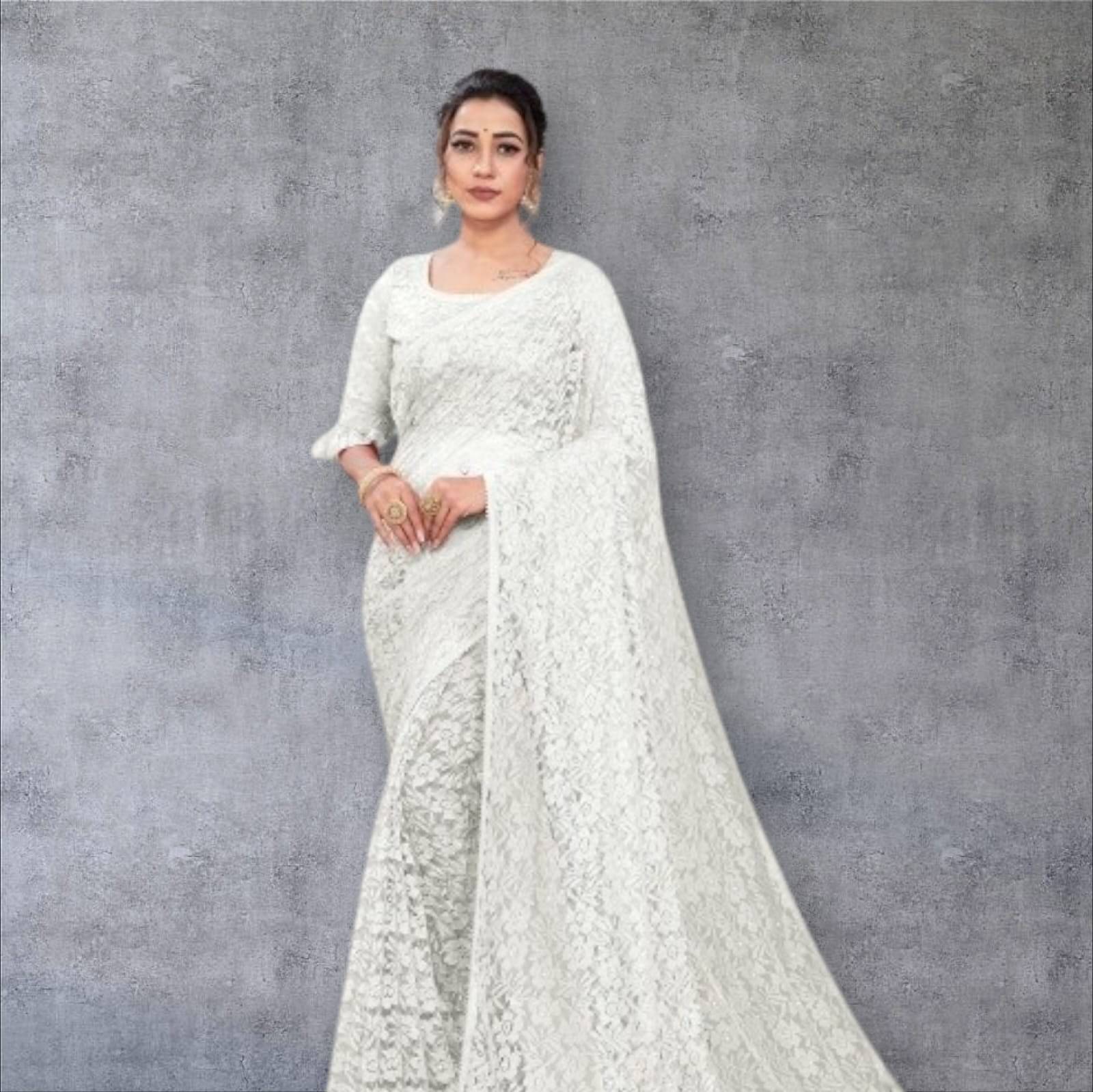 PALKAANO Net Solid Regular Saree With Unstitched Blouse Piece ( White ) PALKAANO Net Solid Regular Saree With Unstitched Blouse Piece ( White )