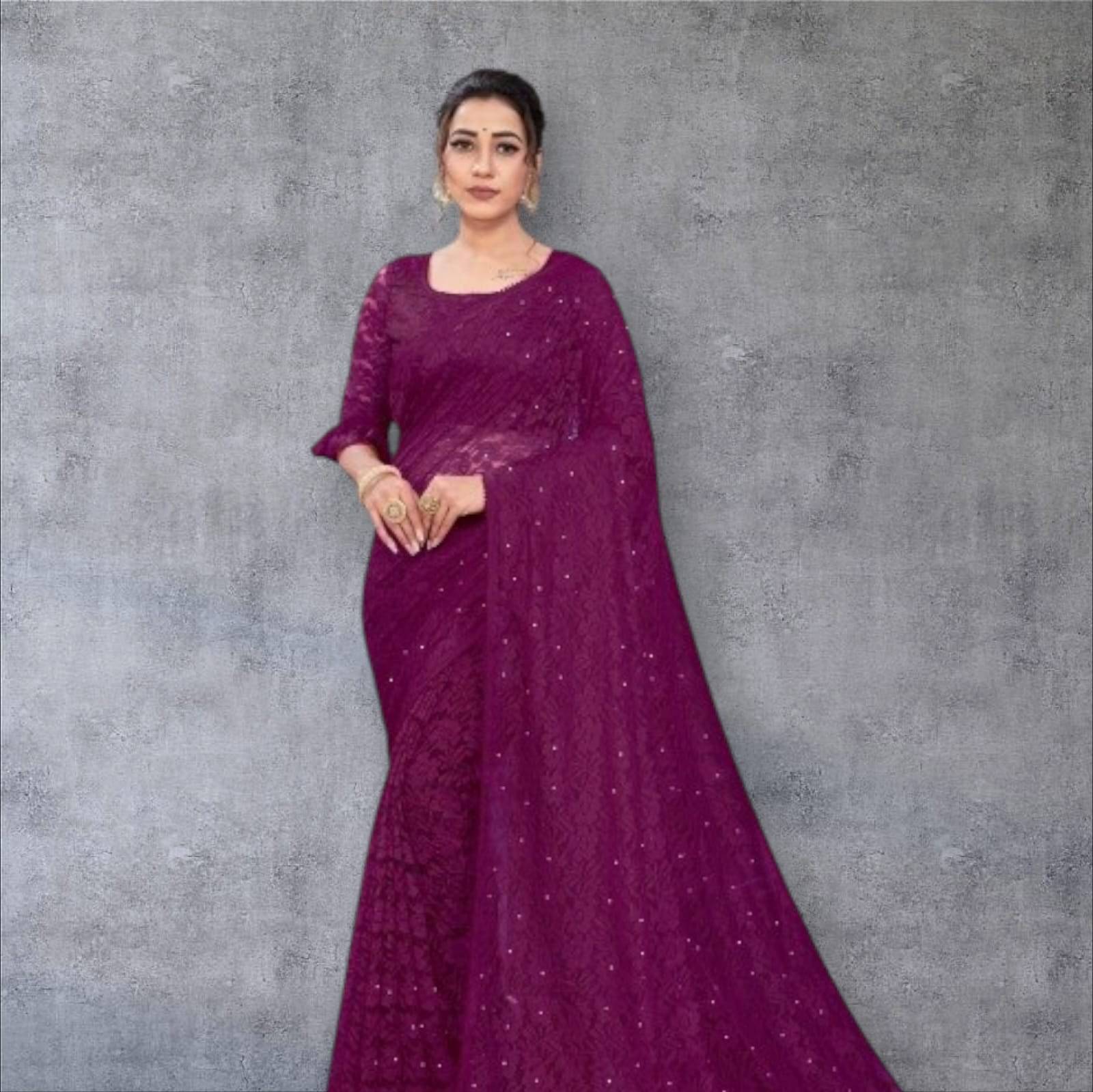 PALKAANO Net Solid Regular Saree With Unstitched Blouse Piece ( Wine ) PALKAANO Net Solid Regular Saree With Unstitched Blouse Piece ( Wine )
