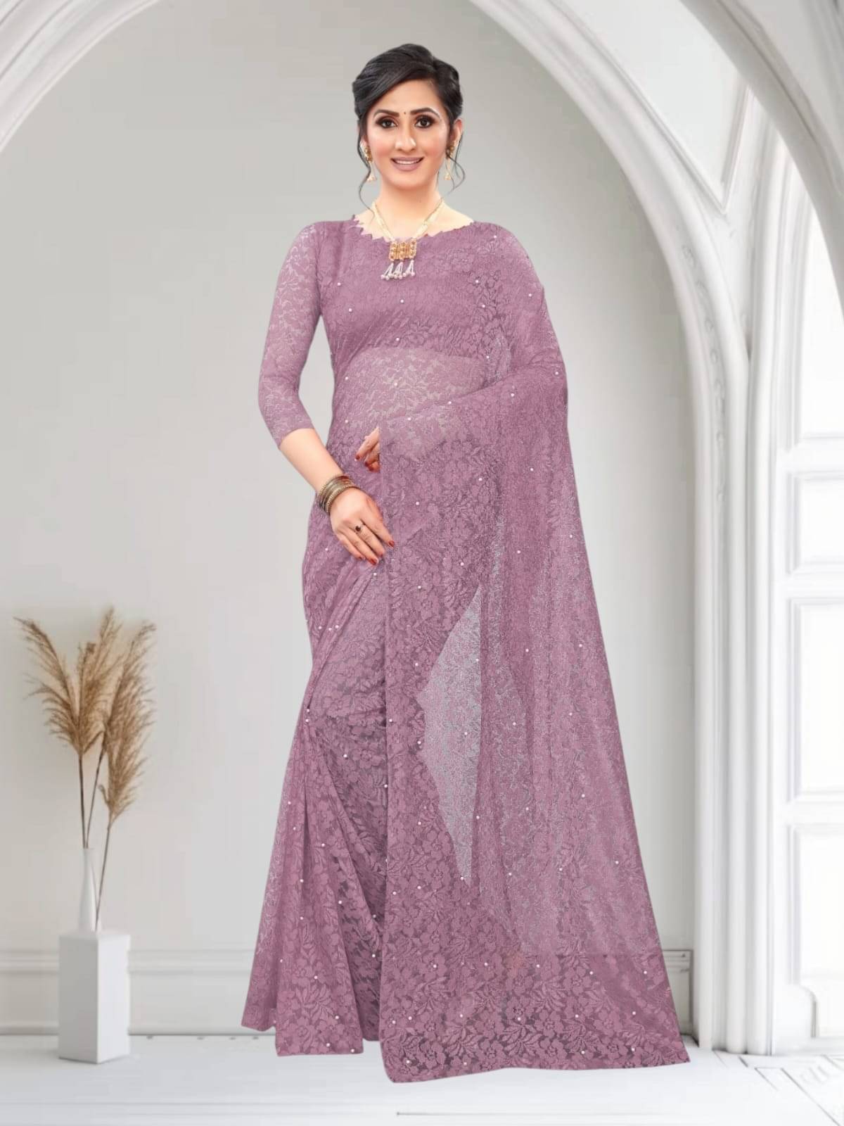     			PALKAANO Net Solid Regular Saree With Unstitched Blouse Piece ( Fluorescent Pink )