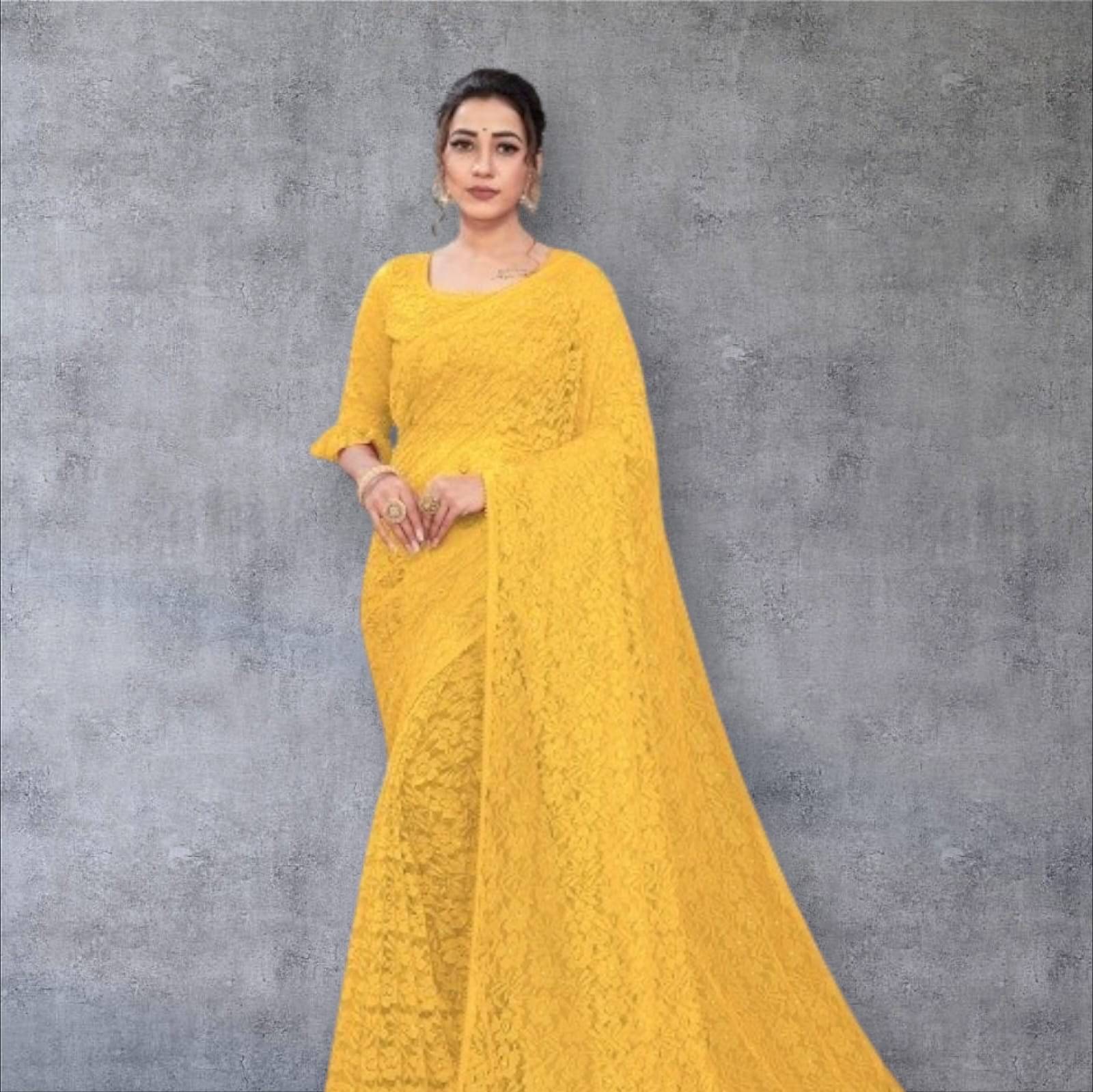 PALKAANO Net Solid Regular Saree With Unstitched Blouse Piece ( Yellow ) PALKAANO Net Solid Regular Saree With Unstitched Blouse Piece ( Yellow )