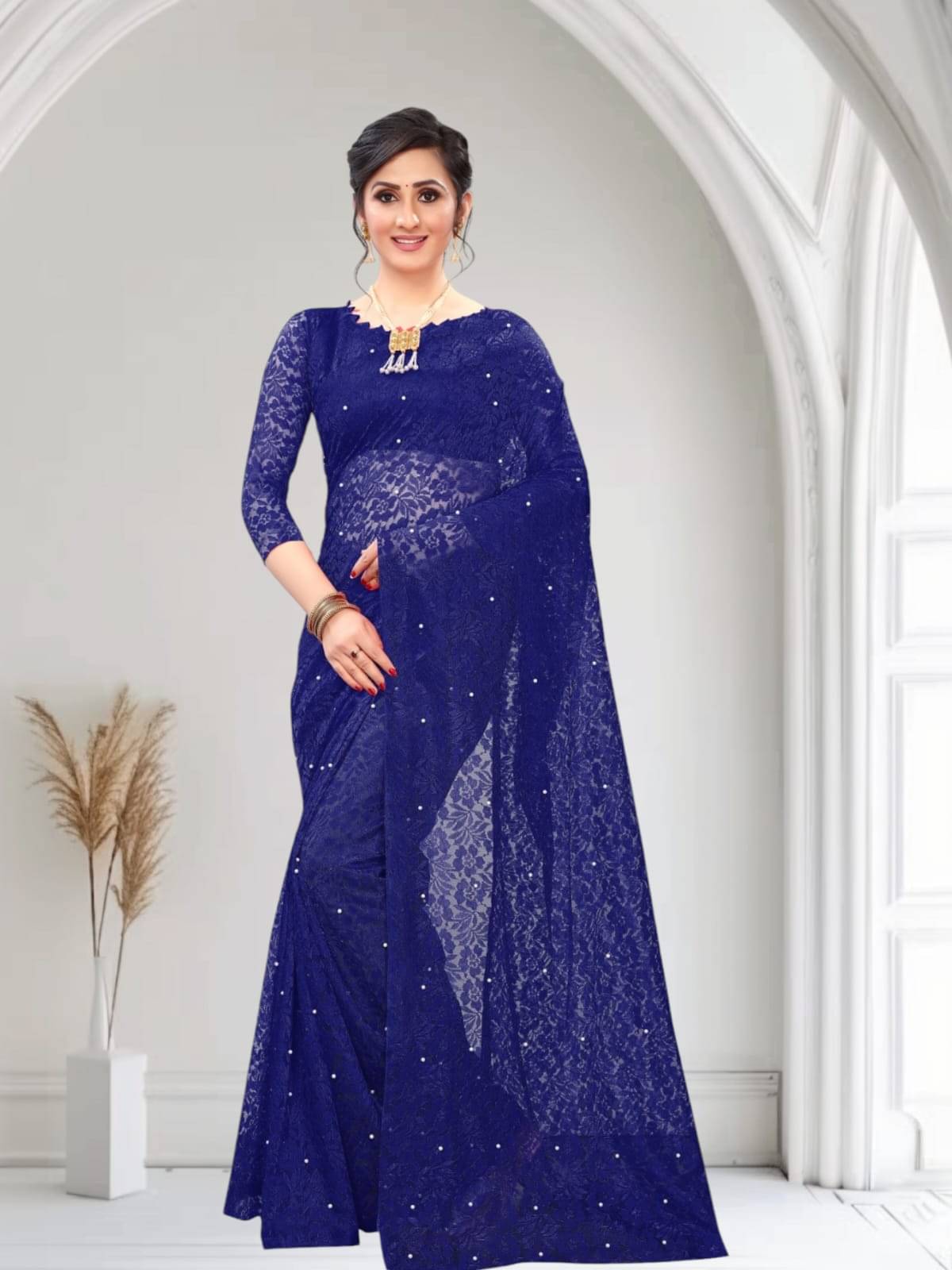 PALKAANO Net Solid Regular Saree With Unstitched Blouse Piece ( Navy Blue ) PALKAANO Net Solid Regular Saree With Unstitched Blouse Piece ( Navy Blue )