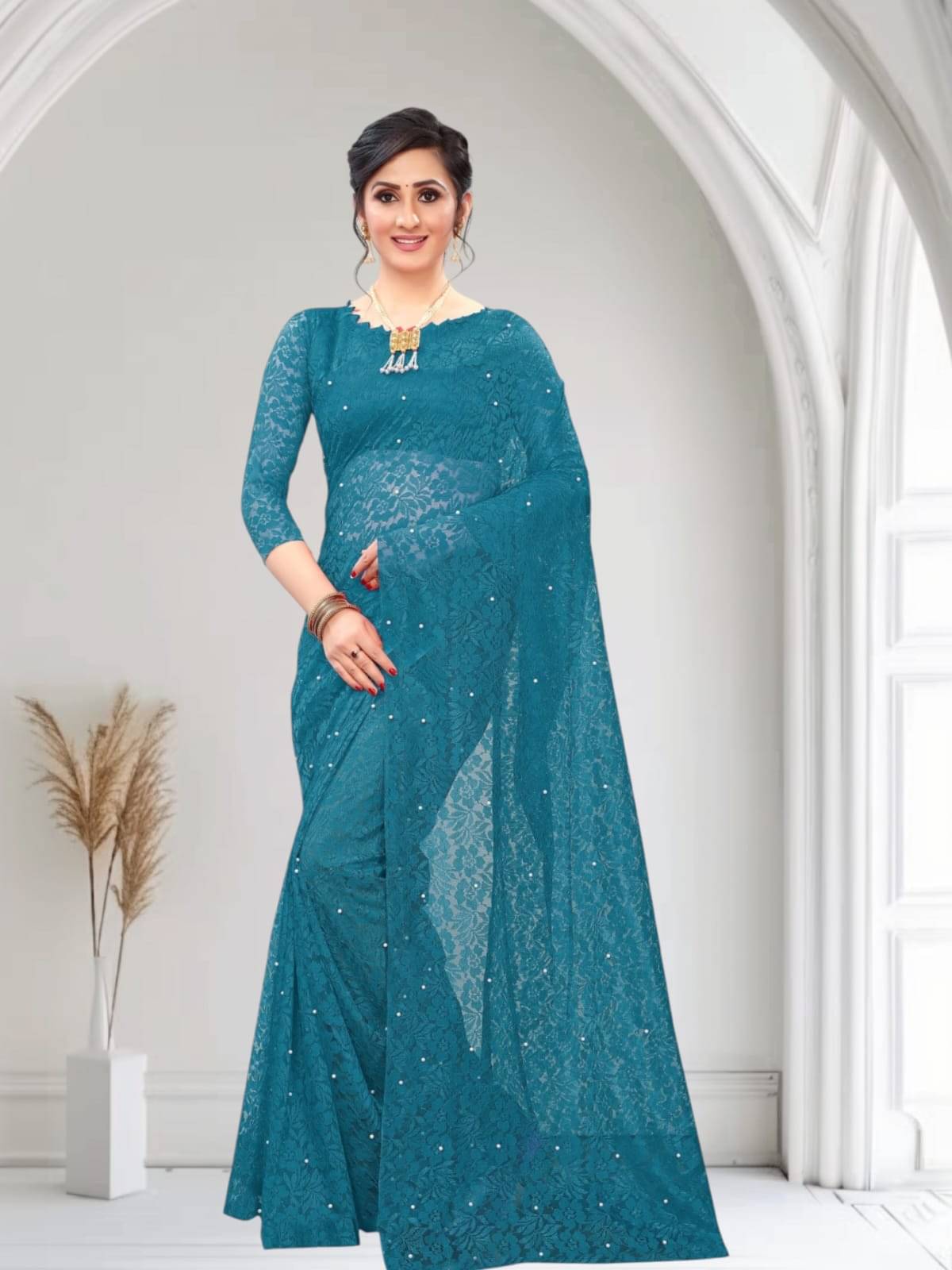     			PALKAANO Net Solid Regular Saree With Unstitched Blouse Piece ( Rama )