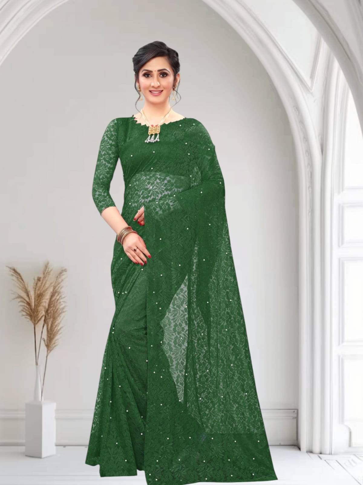 PALKAANO Net Solid Regular Saree With Unstitched Blouse Piece ( Green ) PALKAANO Net Solid Regular Saree With Unstitched Blouse Piece ( Green )