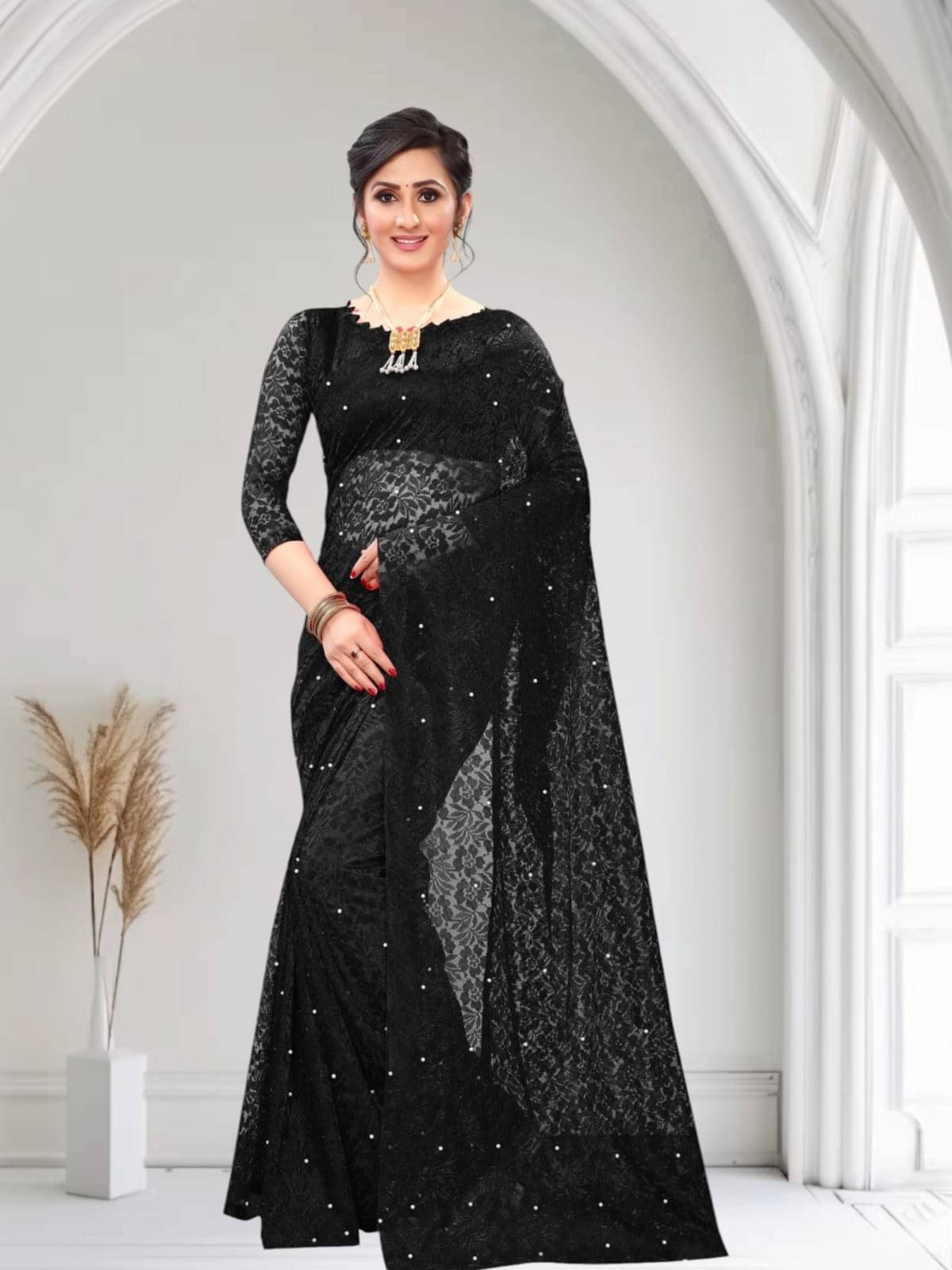 PALKAANO Net Solid Regular Saree With Unstitched Blouse Piece ( Black ) PALKAANO Net Solid Regular Saree With Unstitched Blouse Piece ( Black )