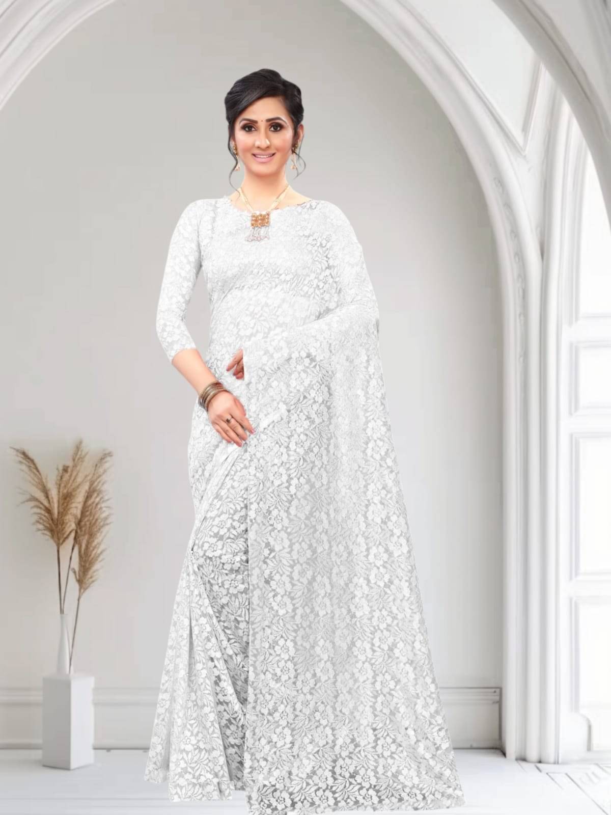     			PALKAANO Net Solid Regular Saree With Unstitched Blouse Piece ( White )