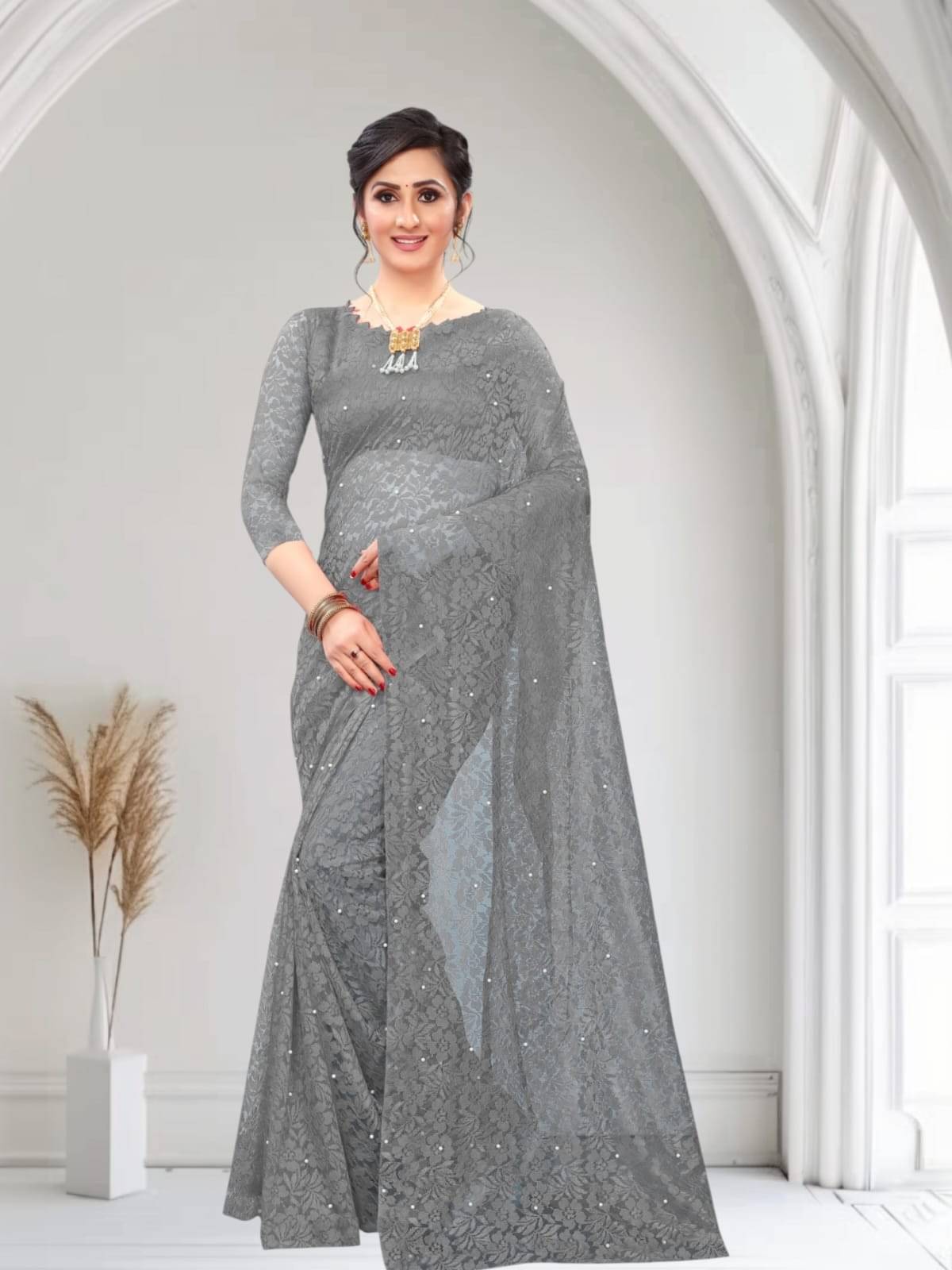     			PALKAANO Net Solid Regular Saree With Unstitched Blouse Piece ( Grey )