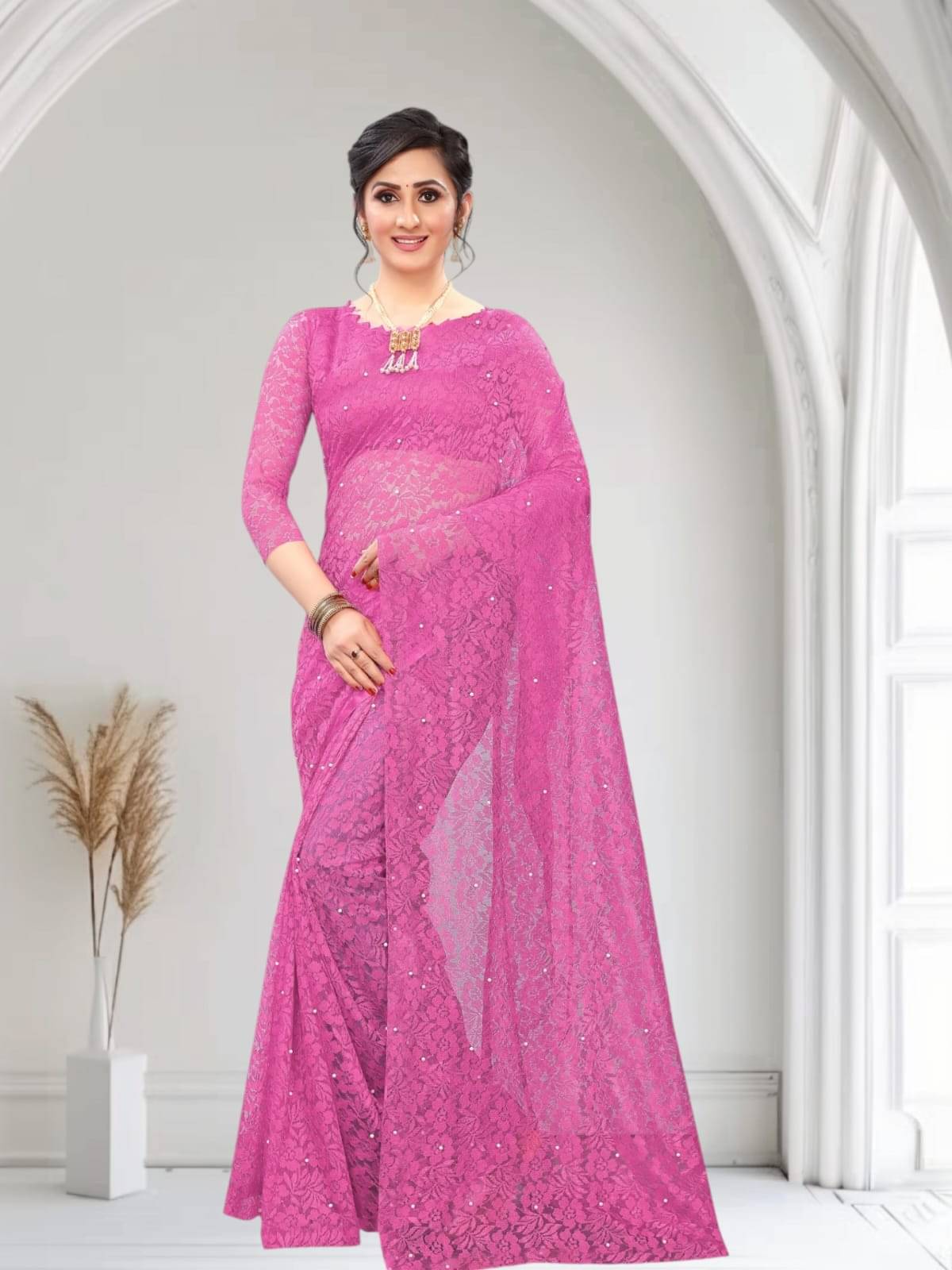     			PALKAANO Net Solid Regular Saree With Unstitched Blouse Piece ( Pink )