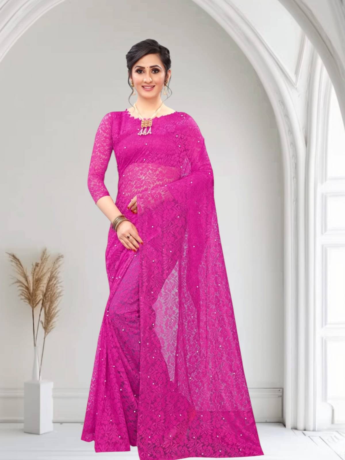 PALKAANO Net Solid Regular Saree With Unstitched Blouse Piece ( Rani ) PALKAANO Net Solid Regular Saree With Unstitched Blouse Piece ( Rani )