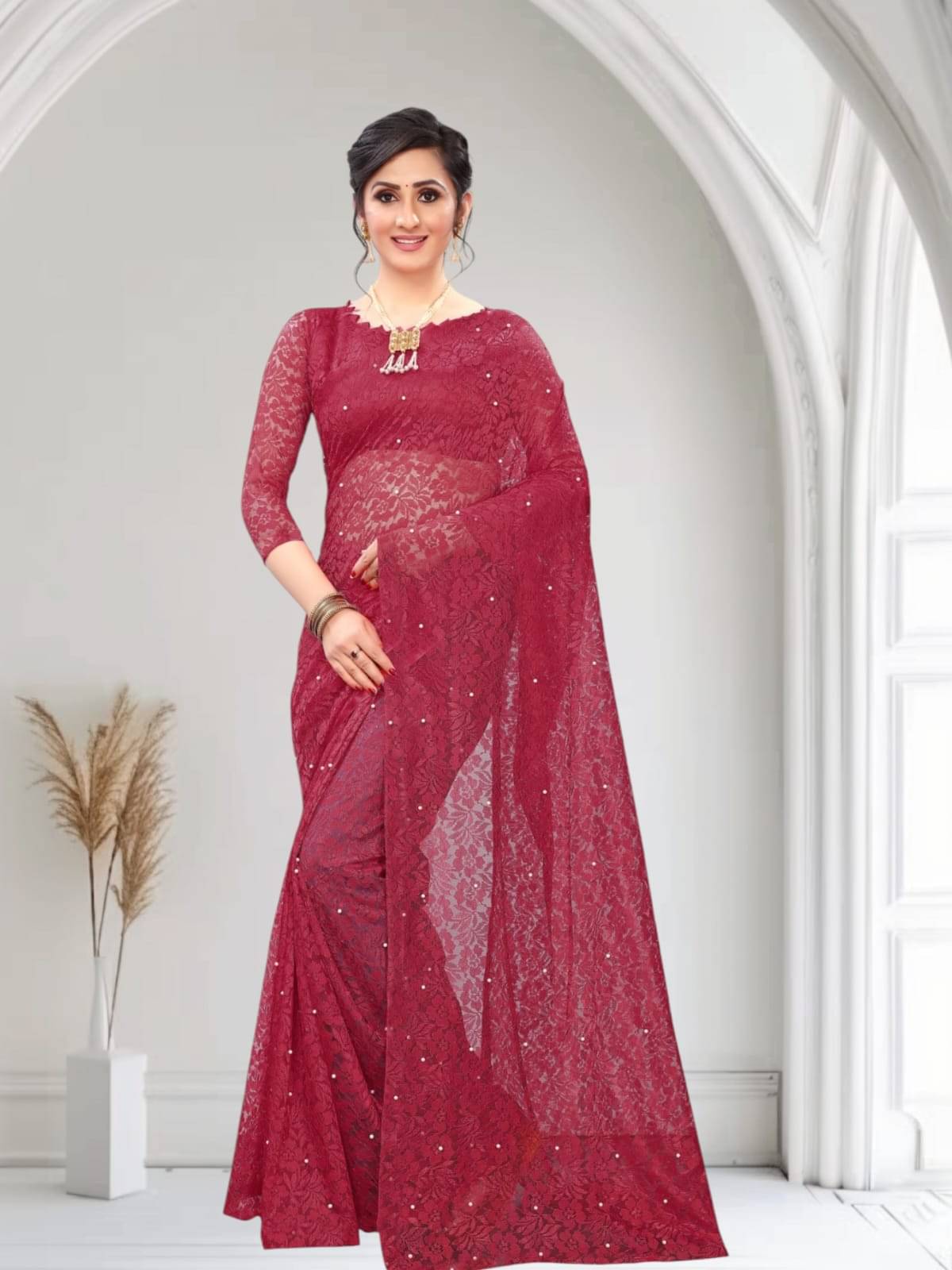 PALKAANO Net Solid Regular Saree With Unstitched Blouse Piece ( Maroon ) PALKAANO Net Solid Regular Saree With Unstitched Blouse Piece ( Maroon )