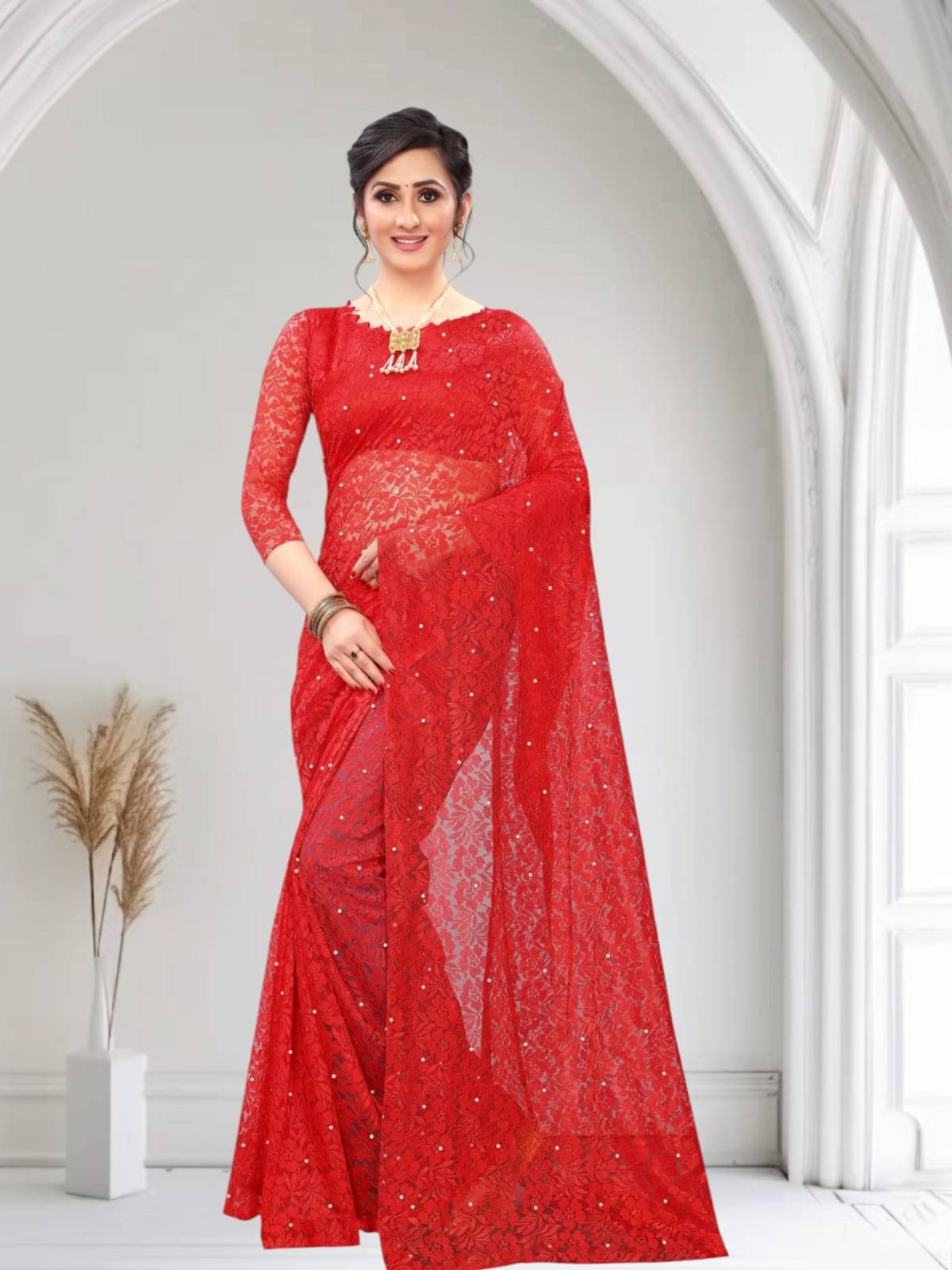 PALKAANO Net Solid Regular Saree With Unstitched Blouse Piece ( Red ) PALKAANO Net Solid Regular Saree With Unstitched Blouse Piece ( Red )
