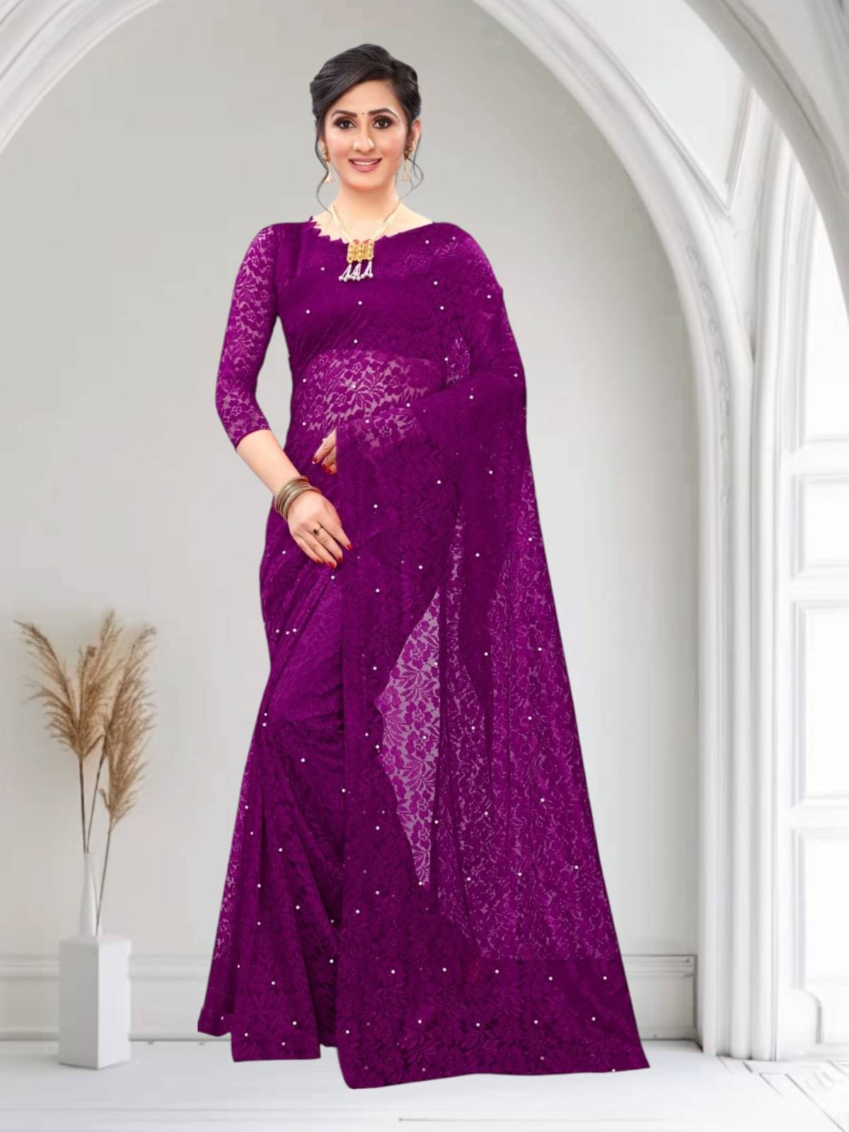 PALKAANO Net Solid Regular Saree With Unstitched Blouse Piece ( Wine ) PALKAANO Net Solid Regular Saree With Unstitched Blouse Piece ( Wine )