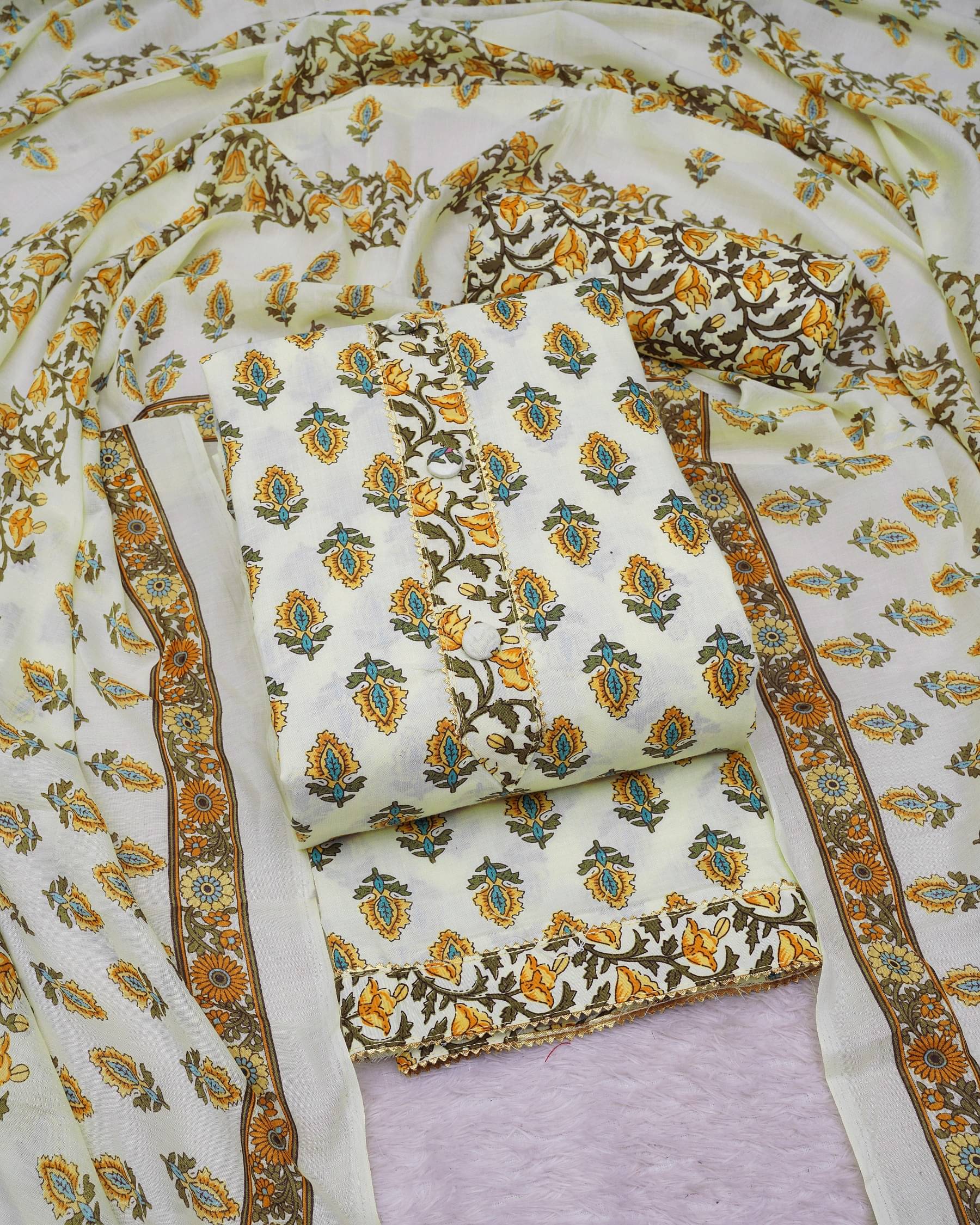 Pihu Creation Women Cotton Blend Unstitched Dress Material ( Off White,Yellow ) Pihu Creation Women Cotton Blend Unstitched Dress Material ( Off White,Yellow )