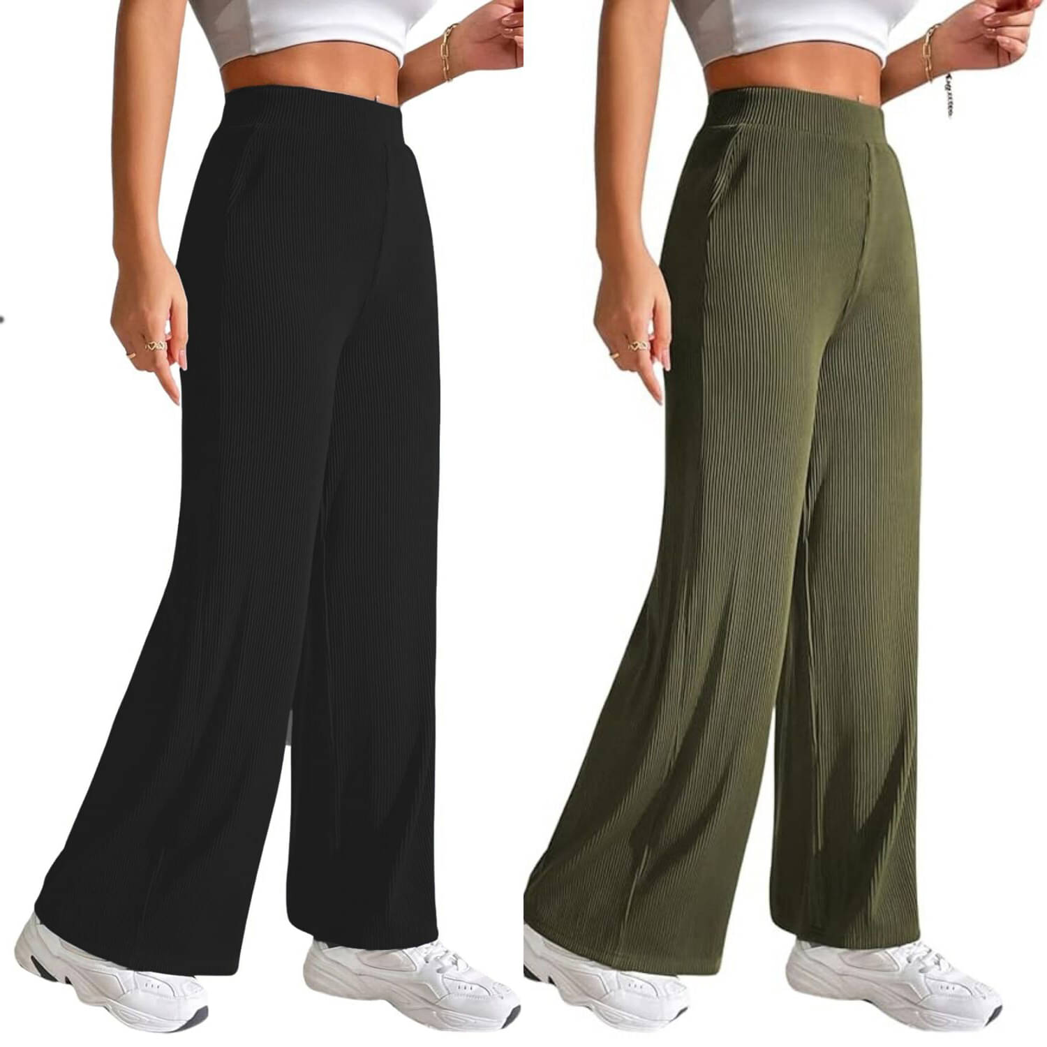    			Qyaas Women Lycra Wide Leg Trousers ( Black,Olive )