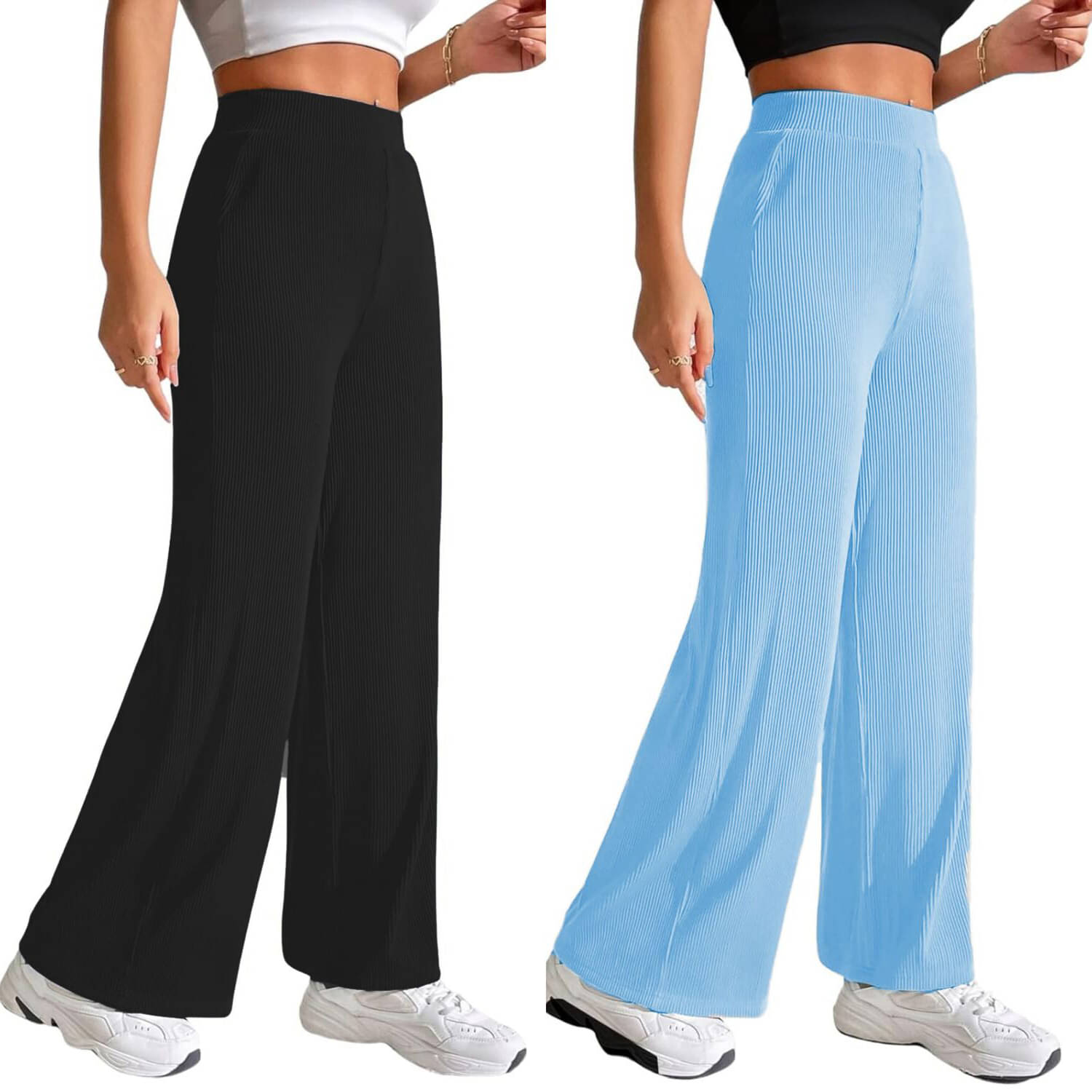     			Qyaas Women Lycra Wide Leg Trousers ( Black,Light Blue )